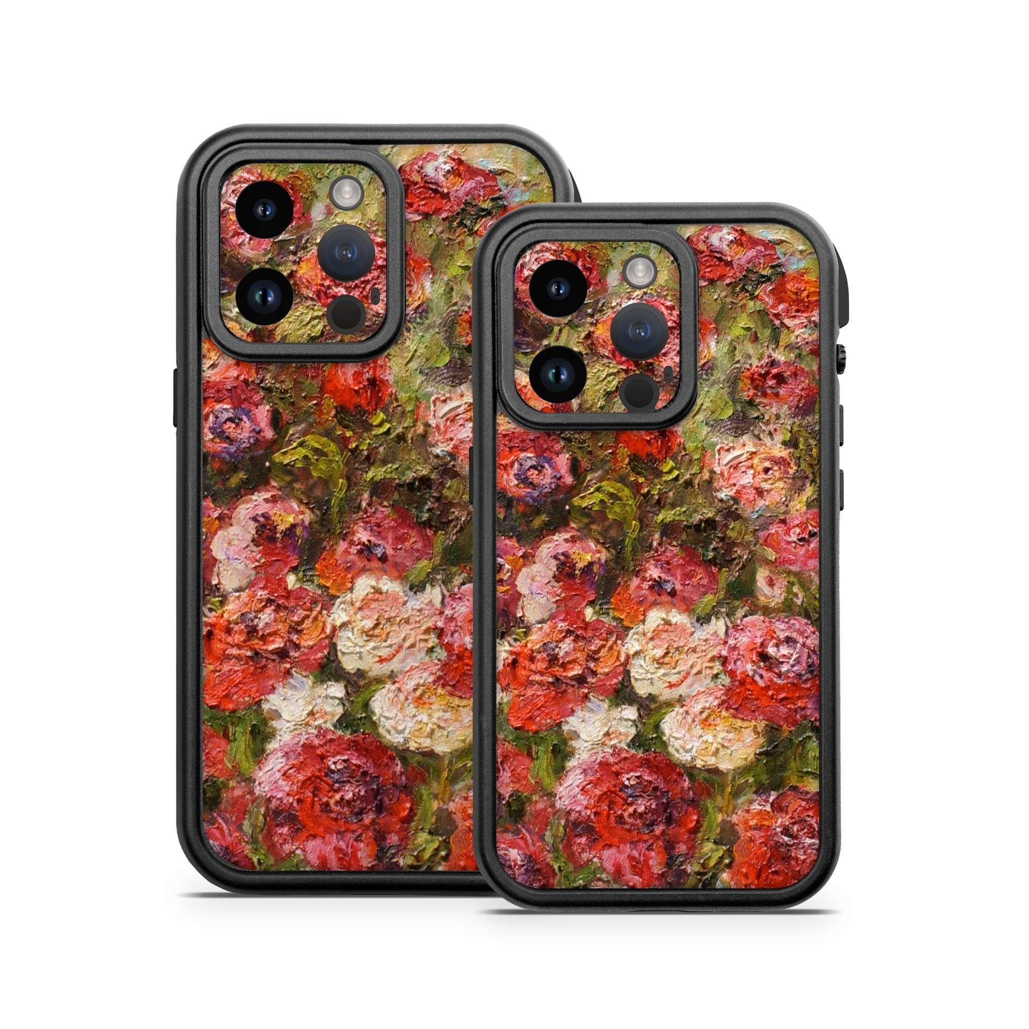 OtterBox Fre iPhone 14 Series Case Skin design of Flower, Garden roses, Rose, Plant, Floribunda, Flowering plant, Rosa × centifolia, Rose family, Botany, Petal, with red, black, green, gray colors