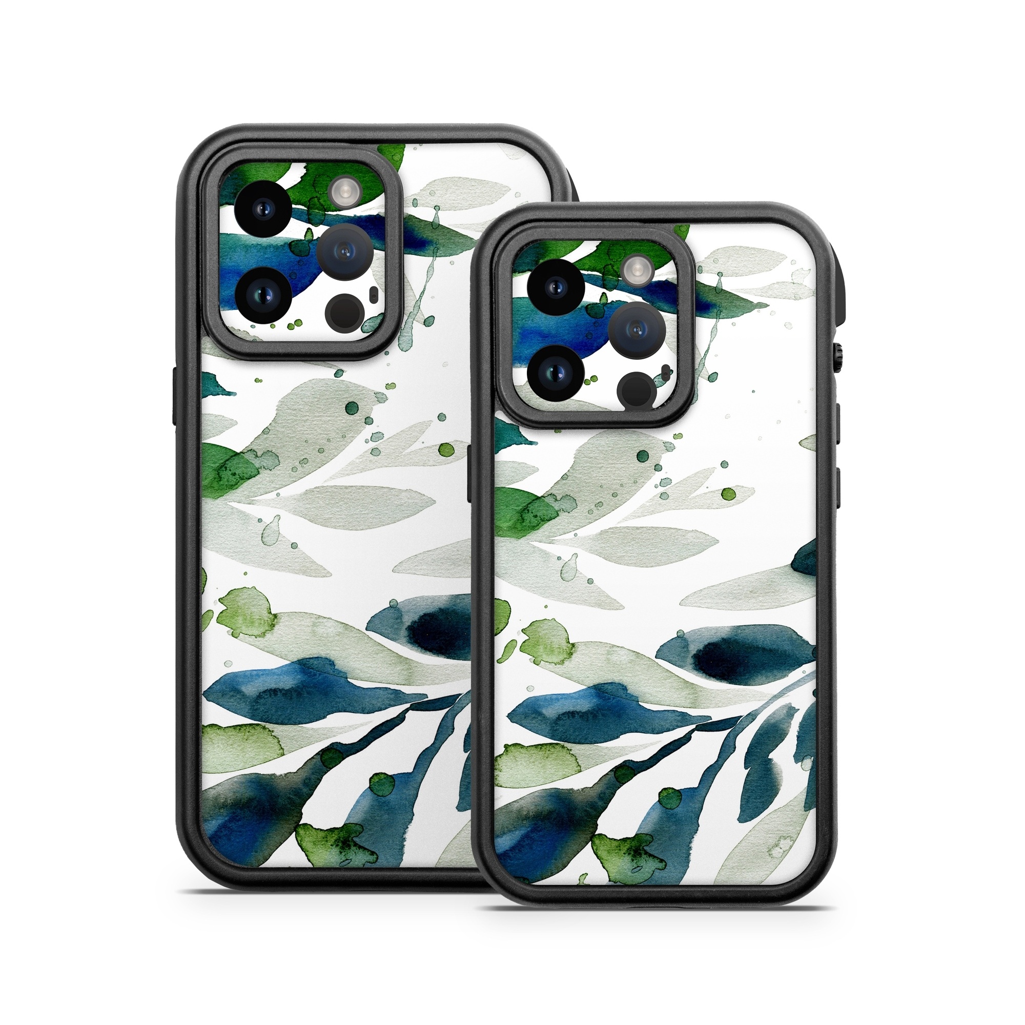 OtterBox Fre iPhone 14 Series Case Skin design of Leaf, Branch, Plant, Tree, Botany, Flower, Design, Eucalyptus, Pattern, Watercolor paint, with white, blue, green, gray colors