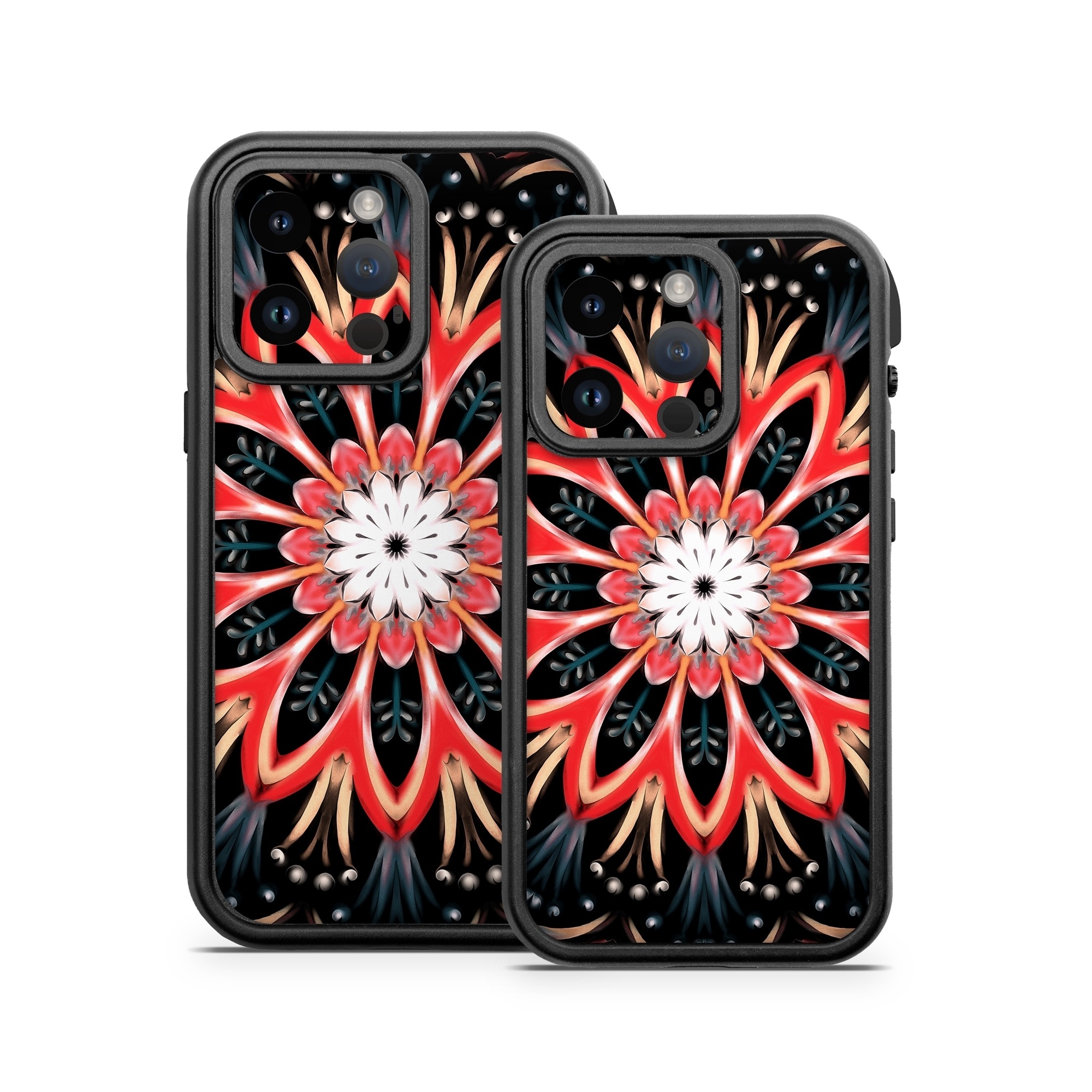 OtterBox Fre iPhone 14 Series Case Skin design of Pattern, Psychedelic art, Symmetry, Design, Art, Visual arts, Textile, Kaleidoscope, Fractal art, Ornament, with black, red, white, blue, yellow, orange colors