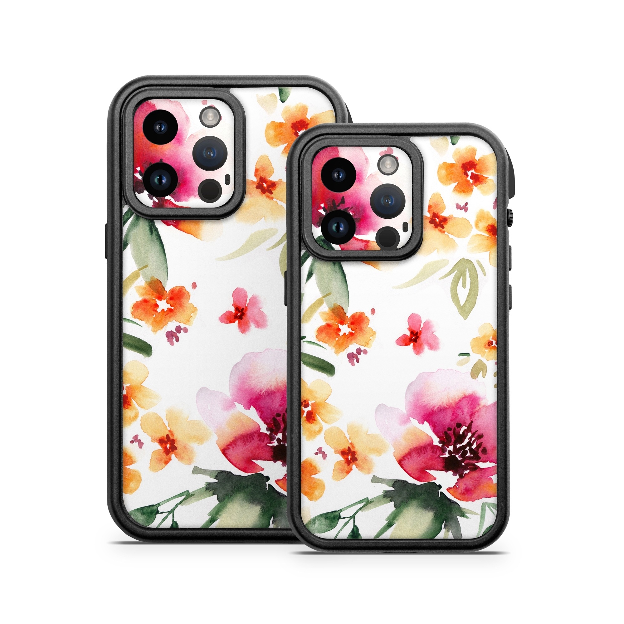 OtterBox Fre iPhone 14 Series Case Skin design of Flower, Floral design, Pink, Pattern, Petal, Plant, Botany, Design, Wildflower, Clip art, with white, pink, red, orange, green colors