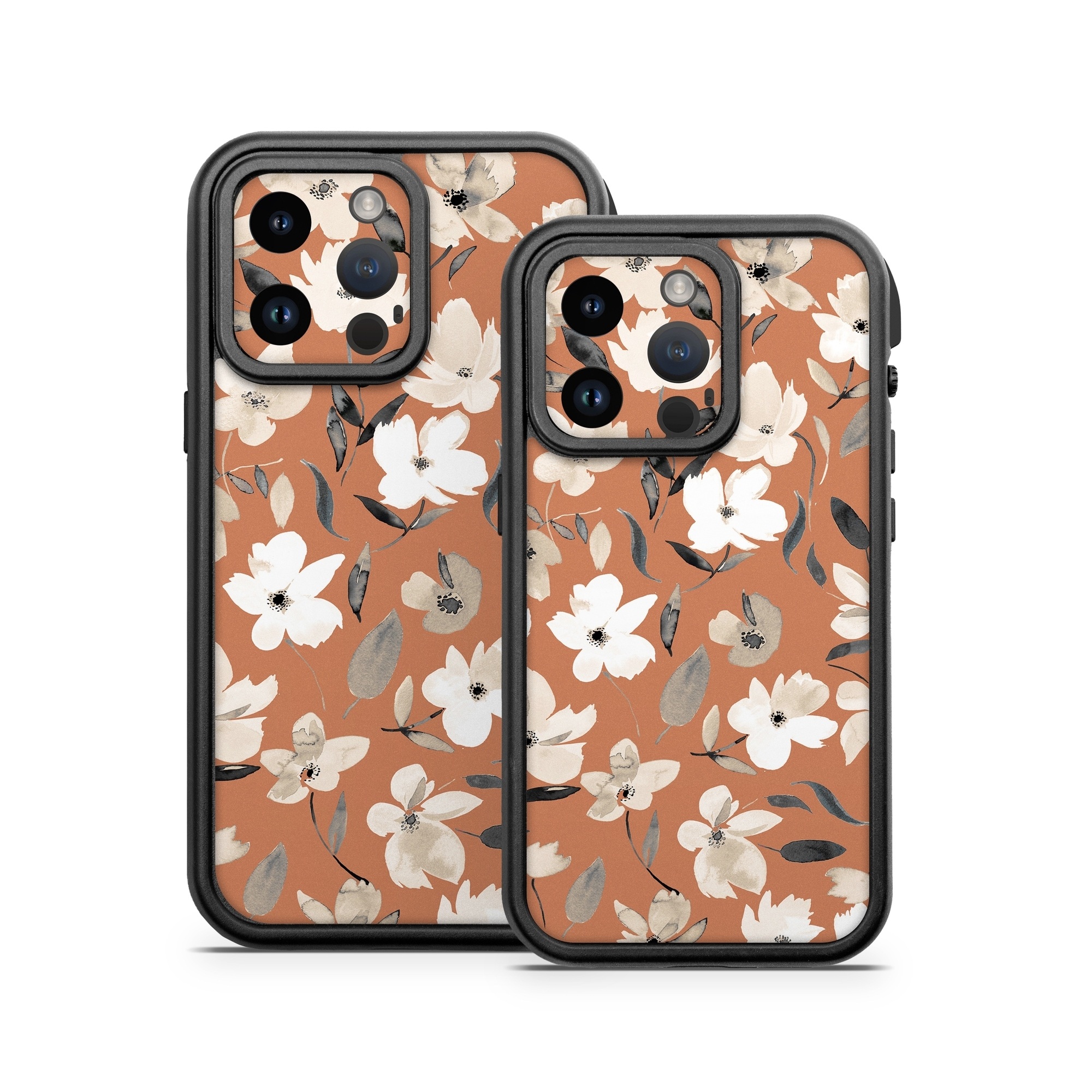 OtterBox Fre iPhone 14 Series Case Skin design of Flower, Plant, Textile, Botany, Petal, Gesture, Line, Font, Groundcover, Art, with brown, white, gray, black colors