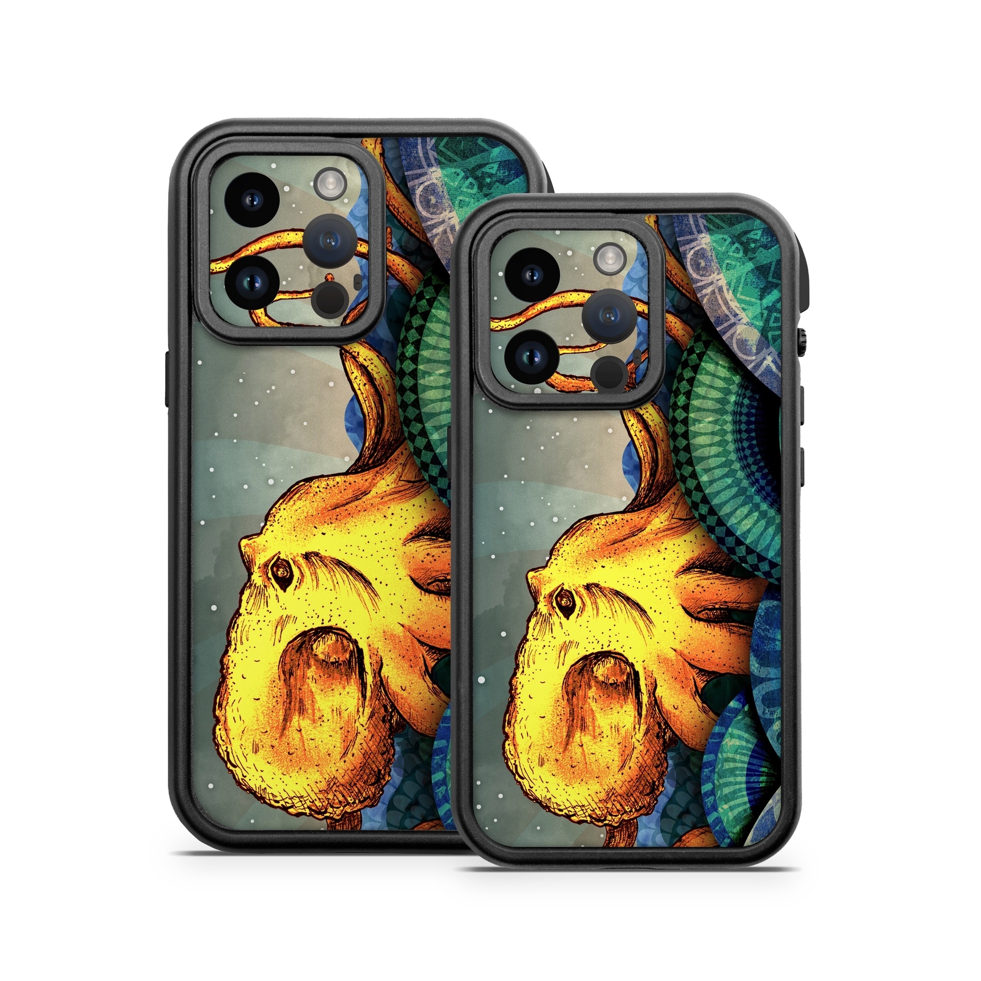 OtterBox Fre iPhone 14 Series Case Skin design of Illustration, Fractal art, Art, Cg artwork, Sky, Organism, Psychedelic art, Graphic design, Graphics, Octopus, with black, gray, blue, green, red colors
