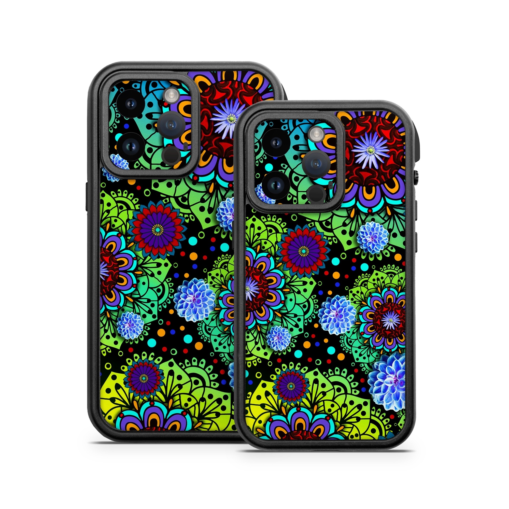 OtterBox Fre iPhone 14 Series Case Skin design of Pattern, Psychedelic art, Design, Flower, Art, Visual arts, Floral design, Plant, Textile, Symmetry, with black, blue, green, purple colors