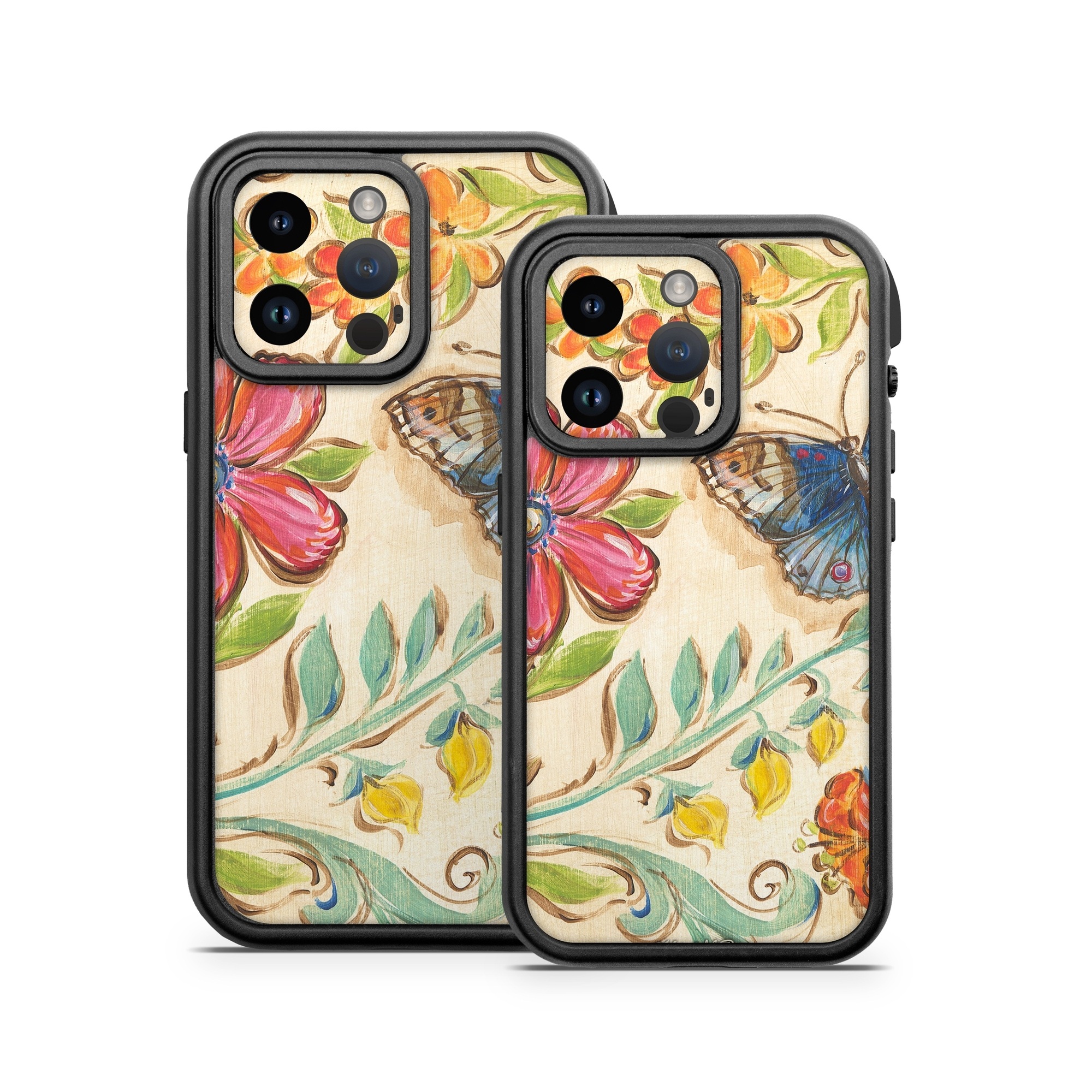 OtterBox Fre iPhone 14 Series Case Skin design of Butterfly, Moths and butterflies, Insect, Pollinator, Plant, Pattern, Watercolor paint, Wildflower, Visual arts, Brush-footed butterfly, with gray, pink, green, red, orange, blue colors