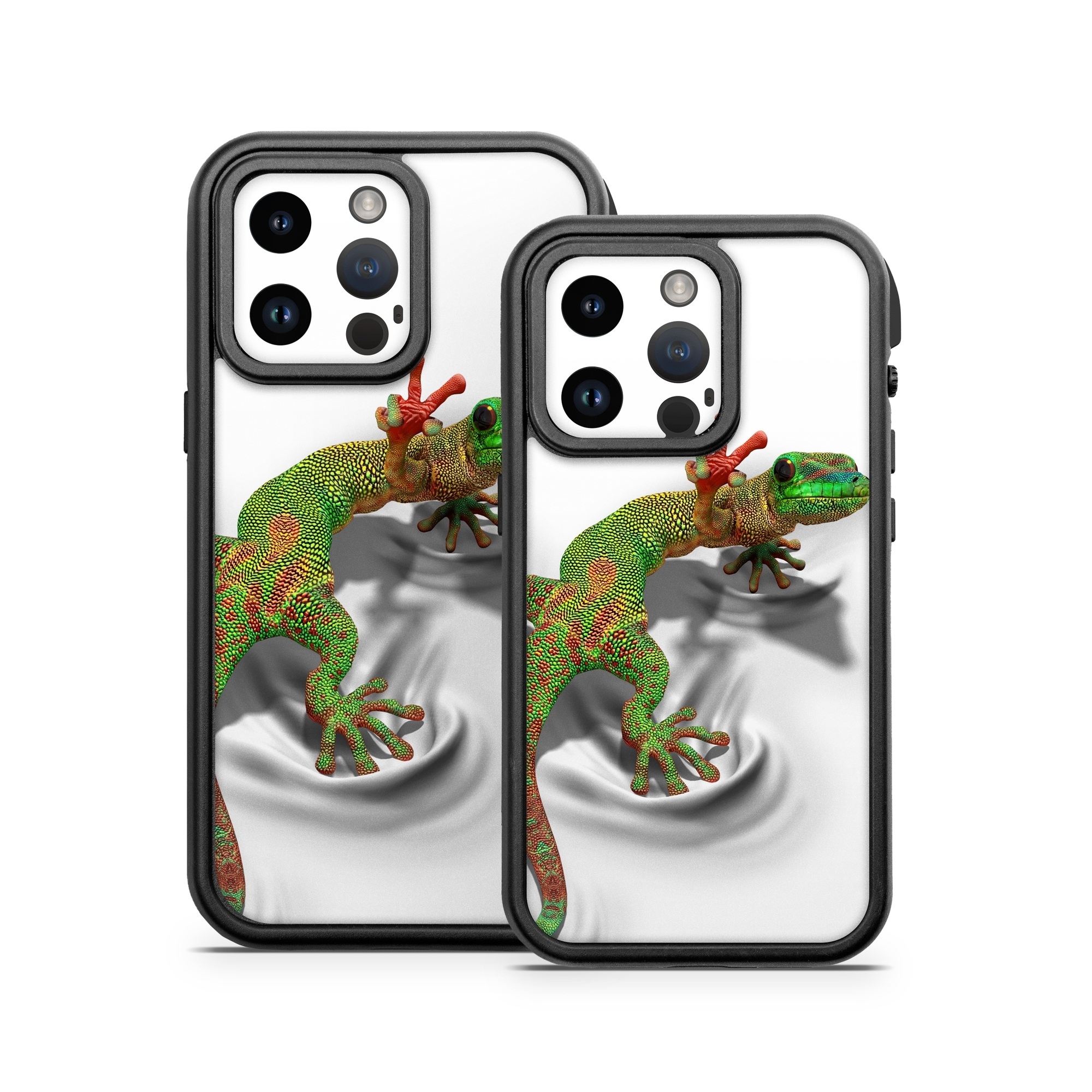 OtterBox Fre iPhone 14 Series Case Skin design of Lizard, Reptile, Gecko, Scaled reptile, Green, Iguania, Animal figure, Wall lizard, Fictional character, Iguanidae, with white, gray, black, red, green colors