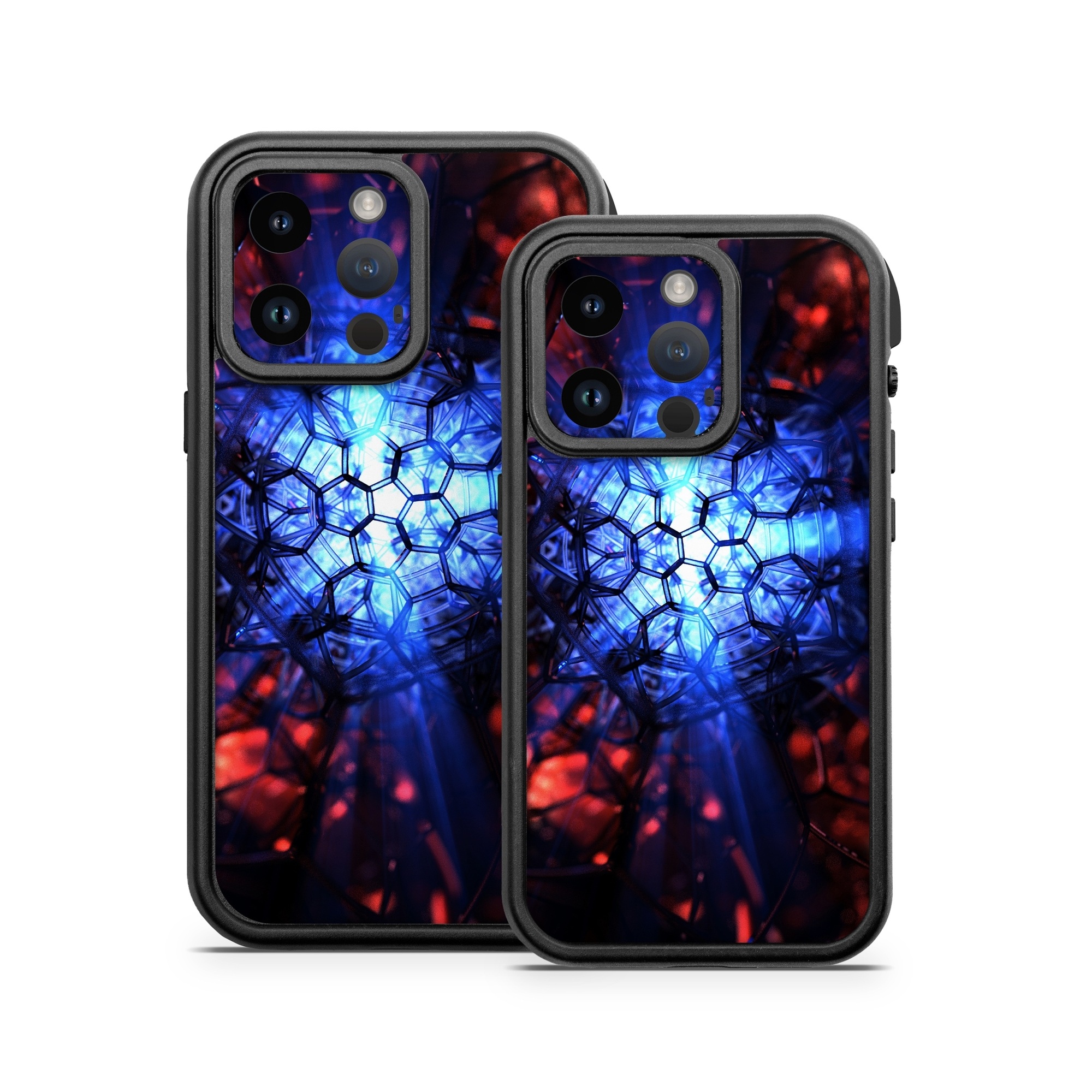 OtterBox Fre iPhone 14 Series Case Skin design of Blue, Fractal art, Red, Light, Pattern, Lighting, Art, Kaleidoscope, Design, Psychedelic art, with black, blue, red colors