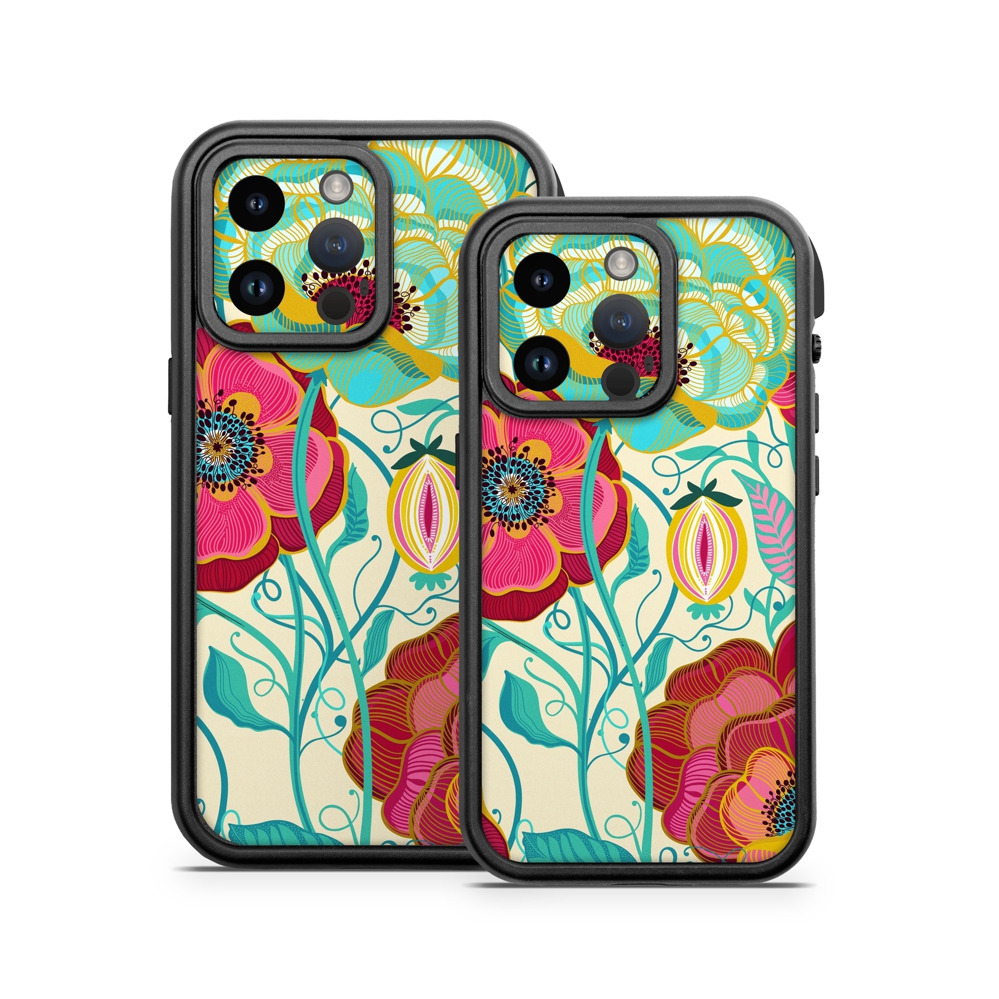 OtterBox Fre iPhone 14 Series Case Skin design of Plant, Botany, Textile, Pink, Creative arts, Petal, Magenta, Art, Pattern, Rectangle, with white, red, pink, yellow, green, blue, black colors
