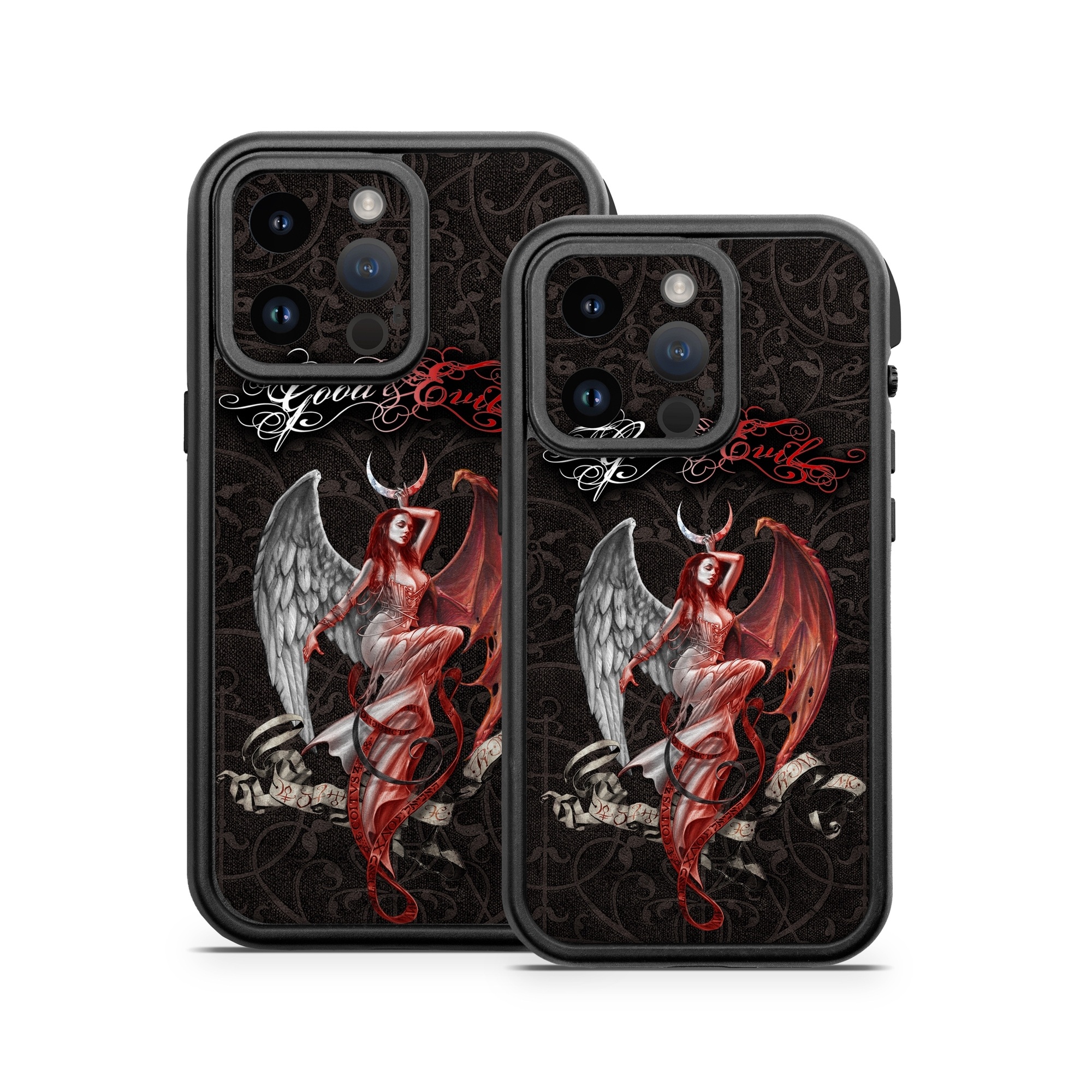 OtterBox Fre iPhone 14 Series Case Skin design of Illustration, Fictional character, Graphic design, Supernatural creature, Demon, Cg artwork, Art, Mythology, Angel, Wing, with black, white, red colors