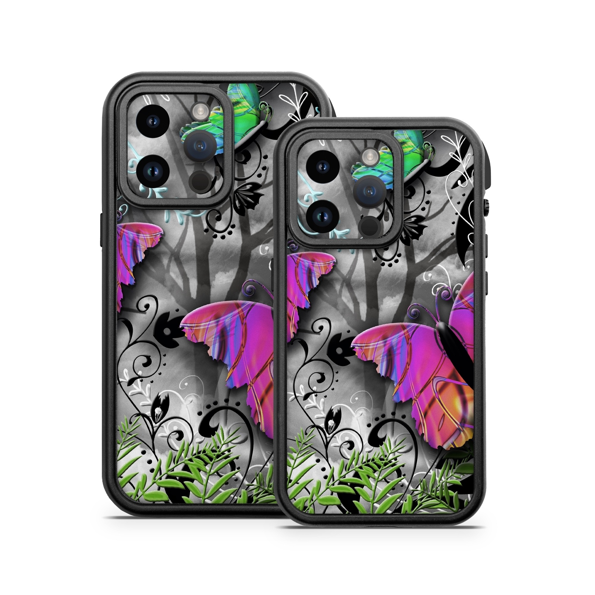 OtterBox Fre iPhone 14 Series Case Skin design of Butterfly, Pink, Purple, Violet, Organism, Spring, Moths and butterflies, Botany, Plant, Leaf, with black, gray, green, purple, red colors