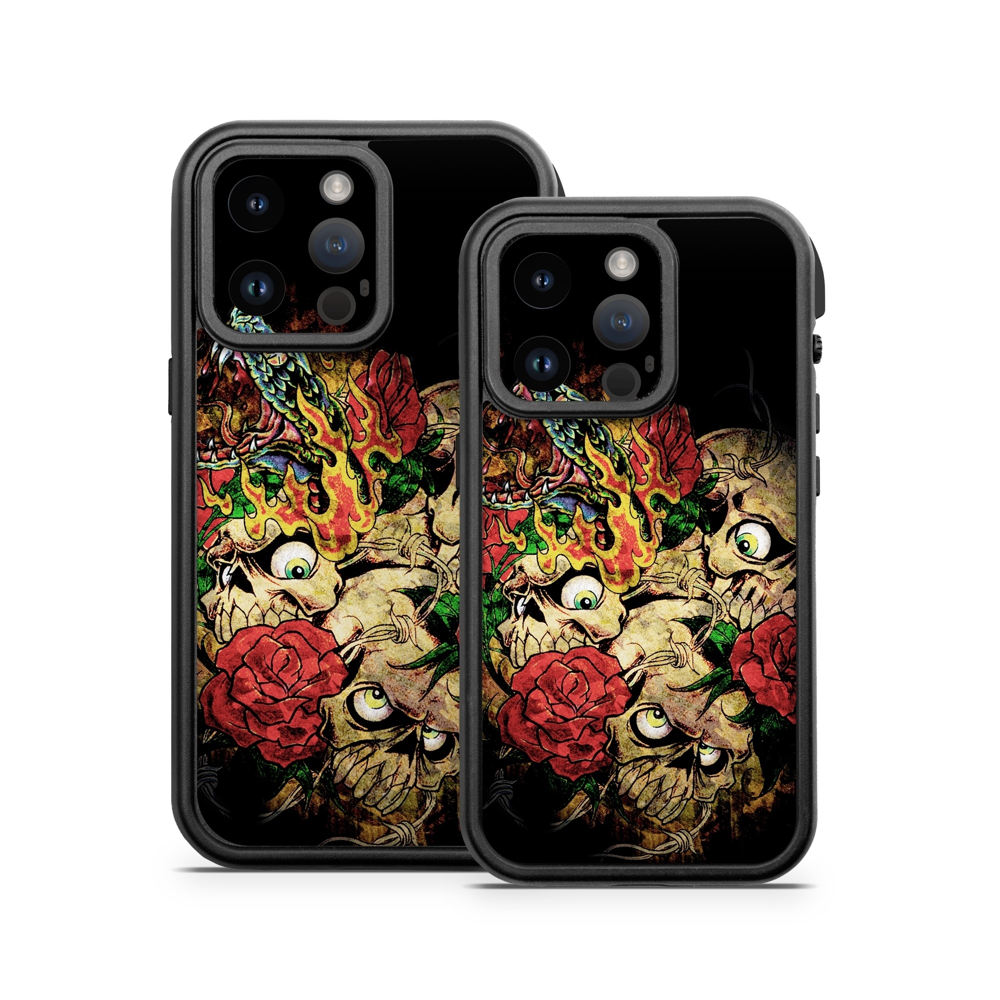 OtterBox Fre iPhone 14 Series Case Skin design of Illustration, Bouquet, Art, Skull, Plant, Rose, Flower, Graphic design, Fictional character, Floral design, with black, red, green, gray colors