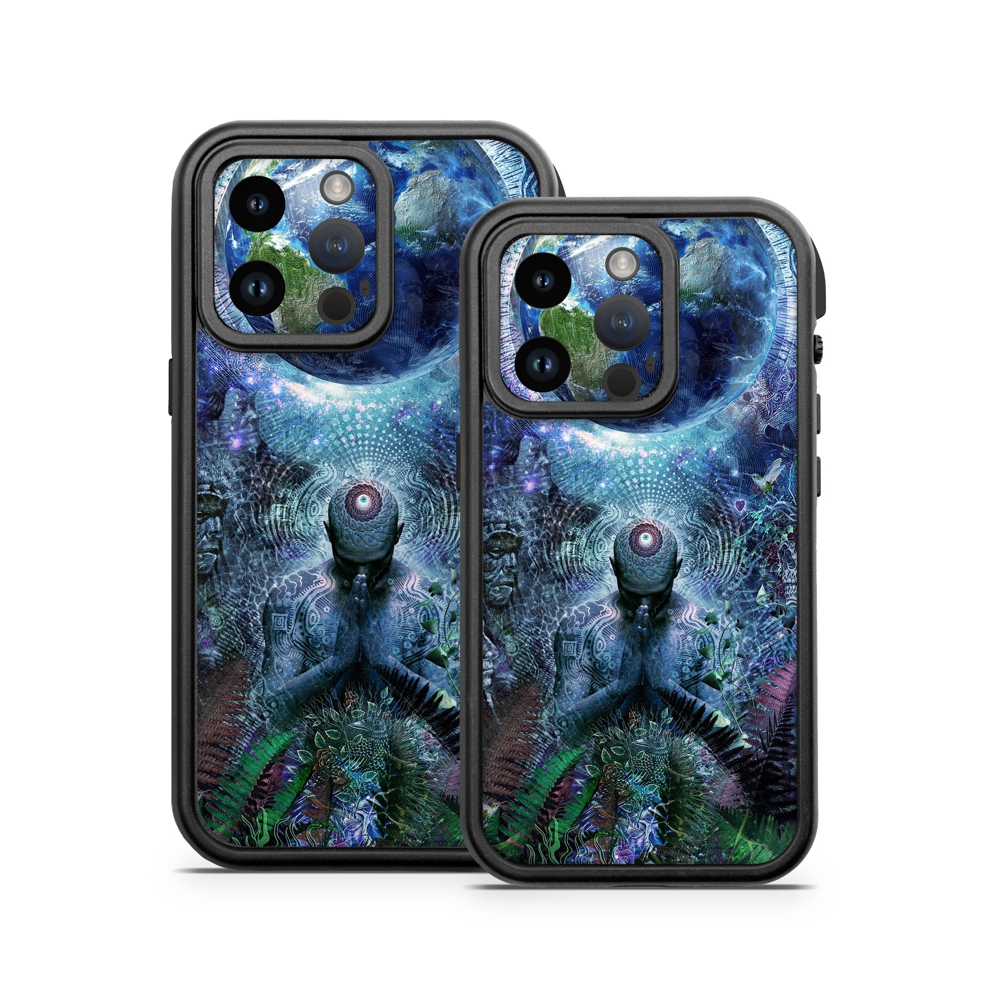 OtterBox Fre iPhone 14 Series Case Skin design of Psychedelic art, Fractal art, Art, Space, Organism, Earth, Sphere, Graphic design, Circle, Graphics, with blue, green, gray, purple, pink, black, white colors
