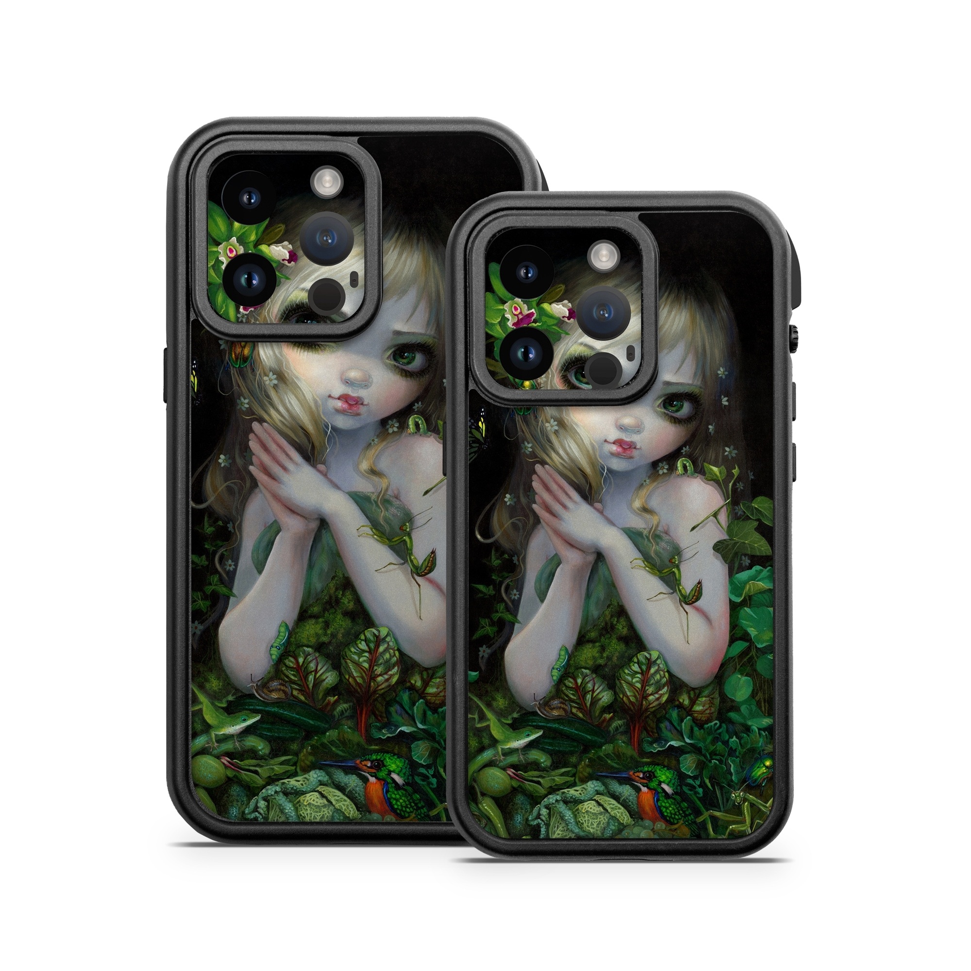 OtterBox Fre iPhone 14 Series Case Skin design of Green, Doll, Fictional character, Lip, Plant, Supervillain, Flower, Illustration, Ivy, Fawn, with black, white, green, red colors