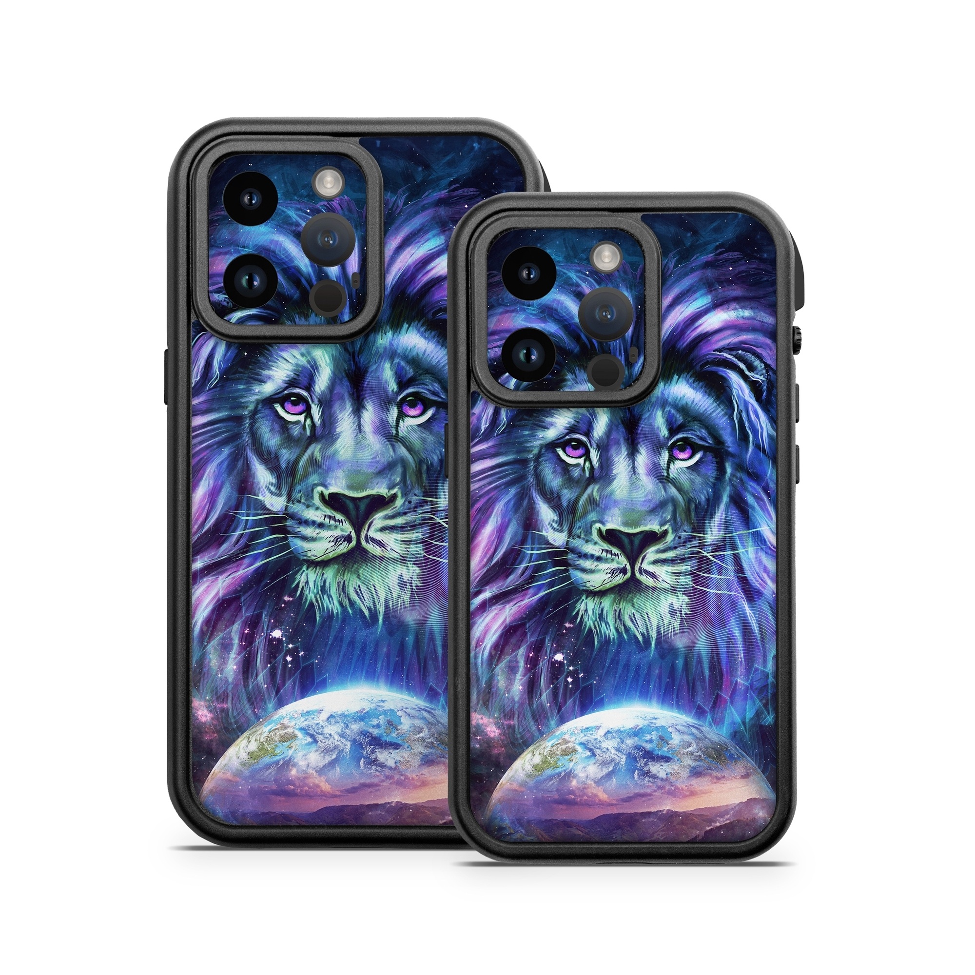 OtterBox Fre iPhone 14 Series Case Skin design of Lion, Felidae, Purple, Wildlife, Big cats, Illustration, Darkness, Space, Painting, Art, with purple, blue, green, black, white, red colors