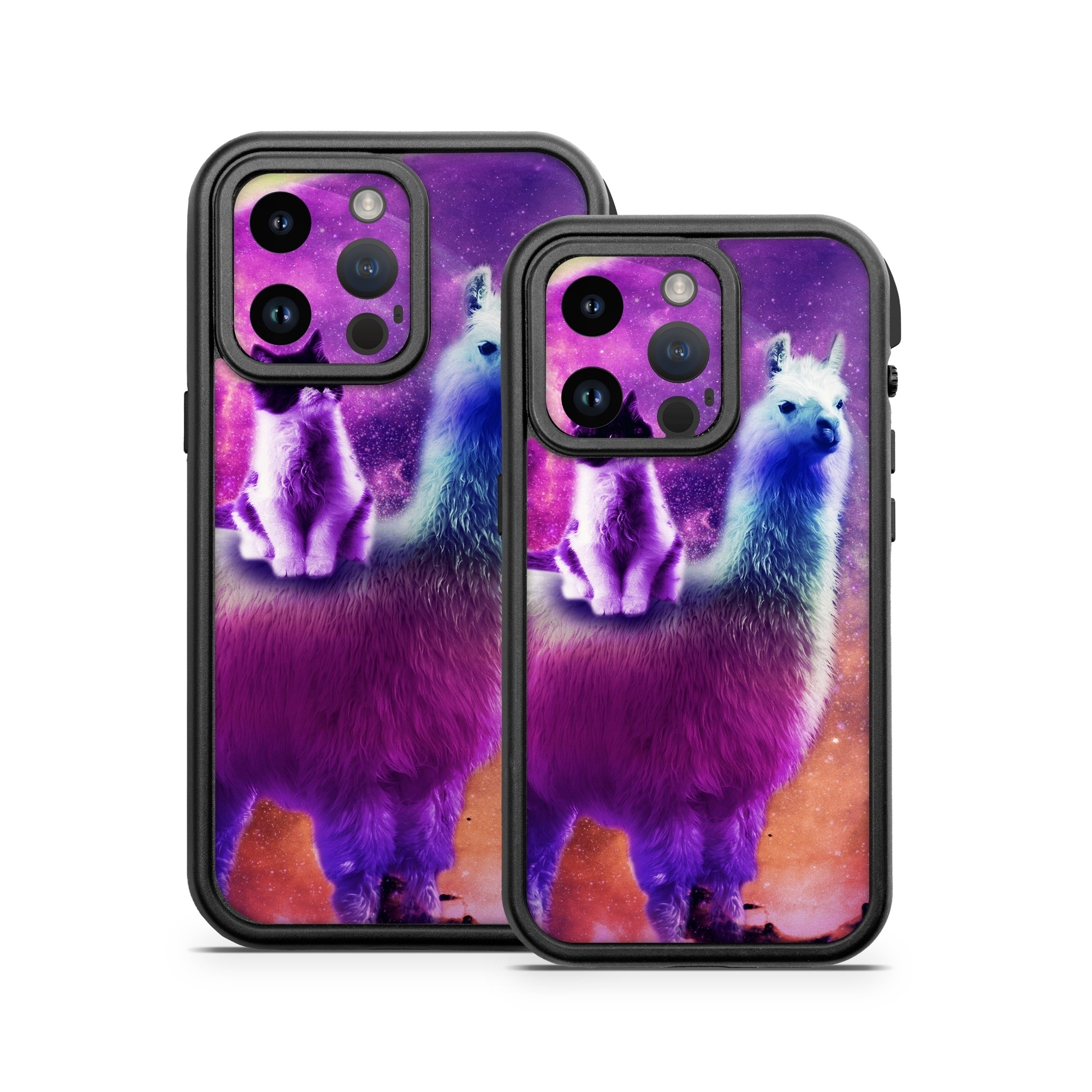 OtterBox Fre iPhone 14 Series Case Skin design of Llama, Purple, Camelid, Alpaca, Sky, Livestock, Space, with purple, white, blue, pink, yellow, black colors