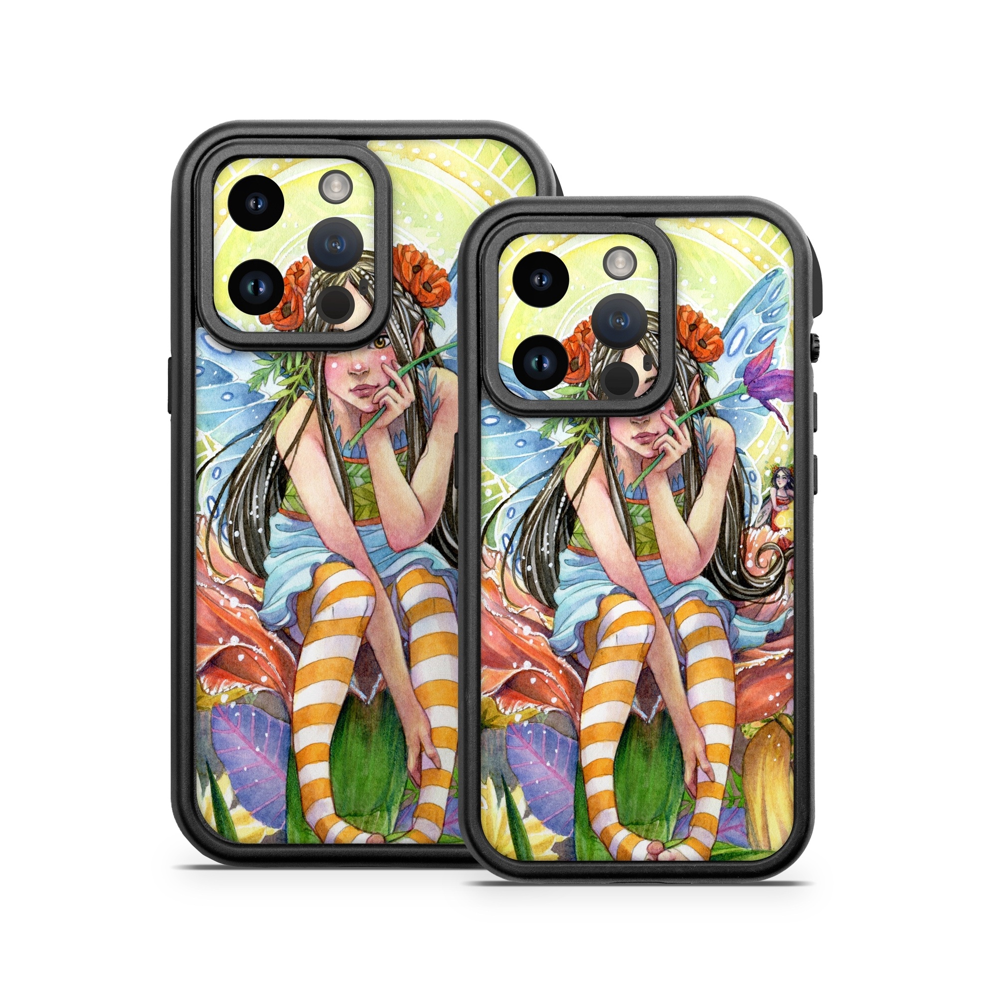OtterBox Fre iPhone 14 Series Case Skin design of Fictional character, Illustration, Art, Plant, Painting, Wildflower, Mythical creature, with gray, green, black, yellow, red colors