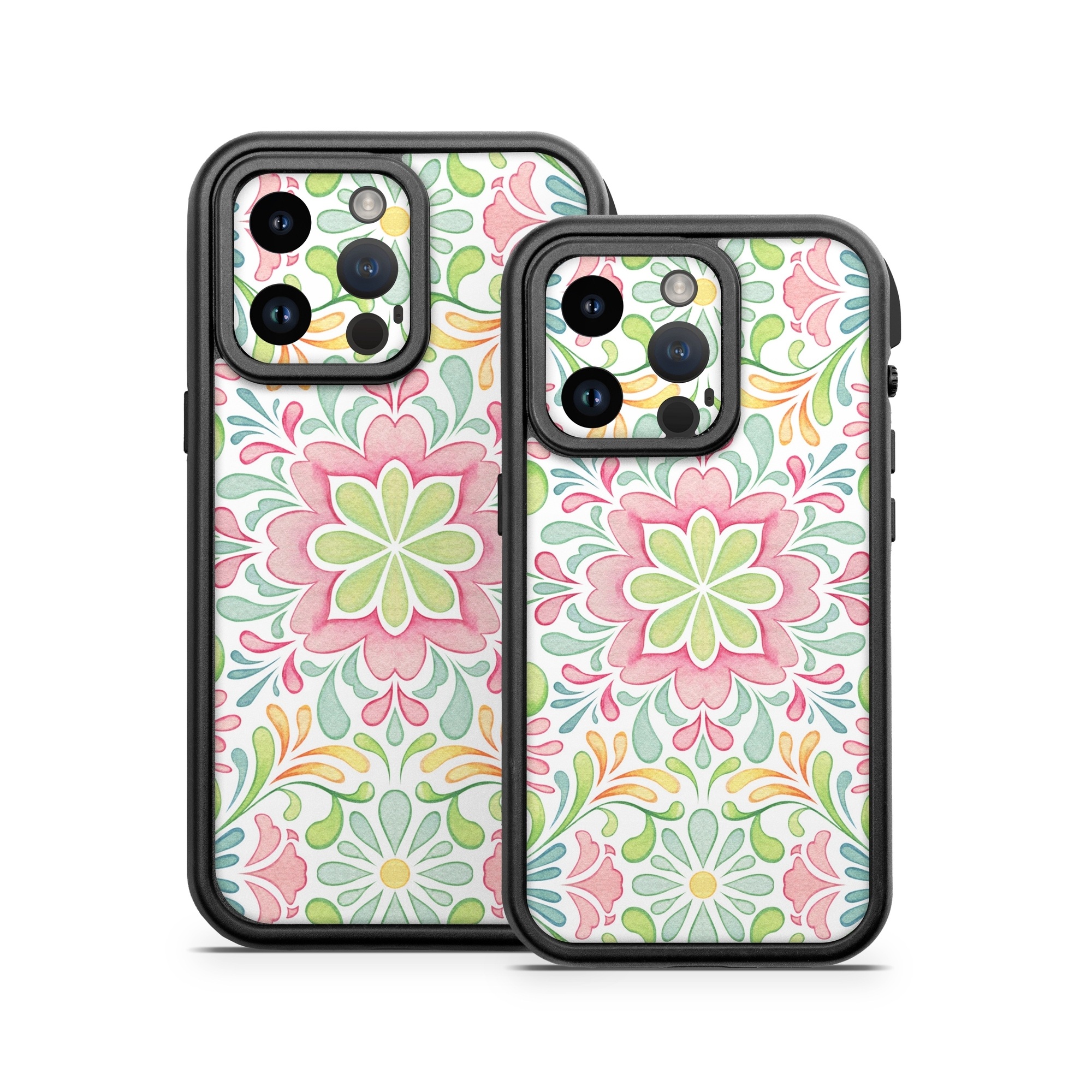 OtterBox Fre iPhone 14 Series Case Skin design of Pattern, Pink, Visual arts, Design, Textile, Wrapping paper, Symmetry, Floral design, Motif, with gray, white, pink, green colors