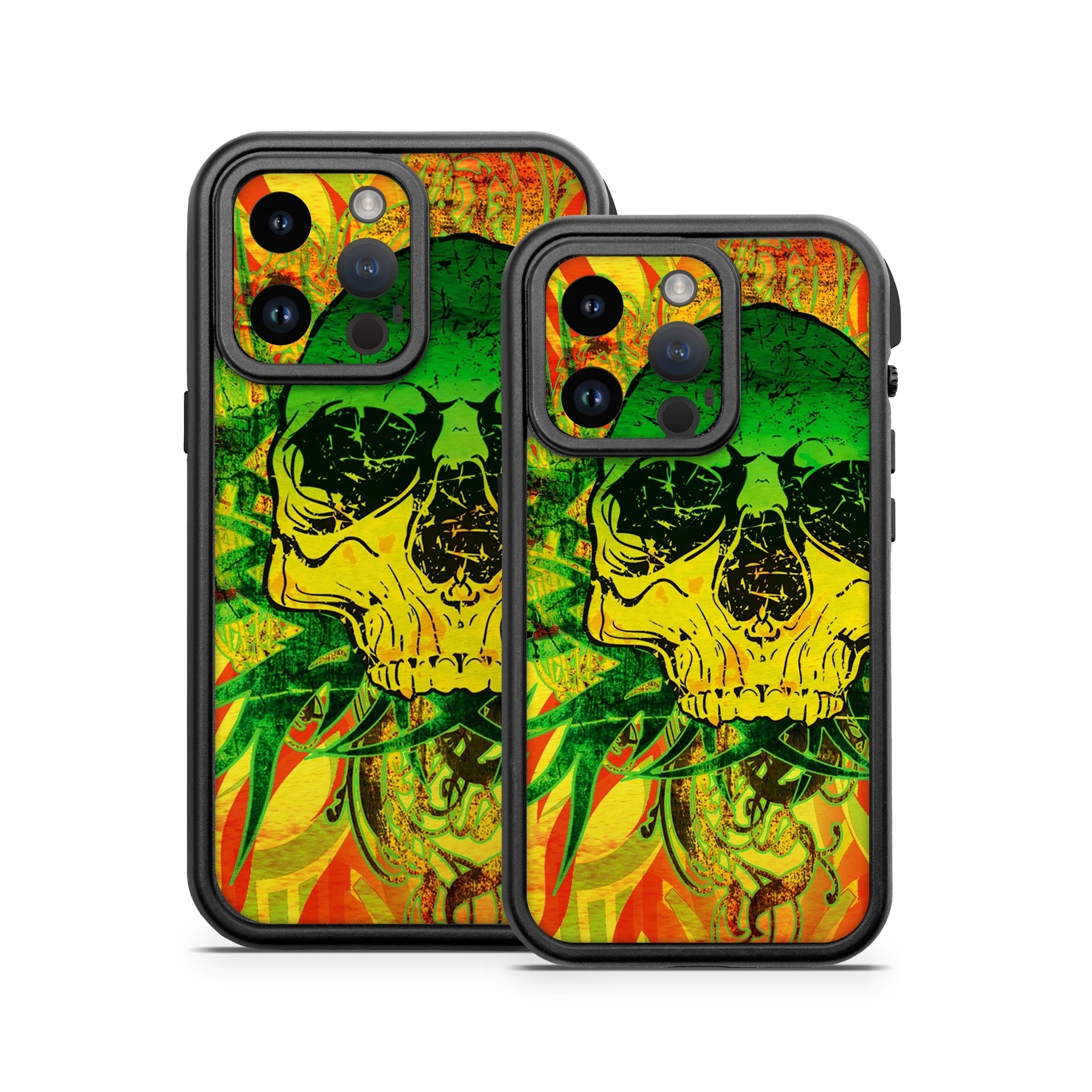 OtterBox Fre iPhone 14 Series Case Skin design of Psychedelic art, Skull, Illustration, Bone, Art, Graphic design, Visual arts, Poster, Plant, Painting, with green, orange, black, red colors
