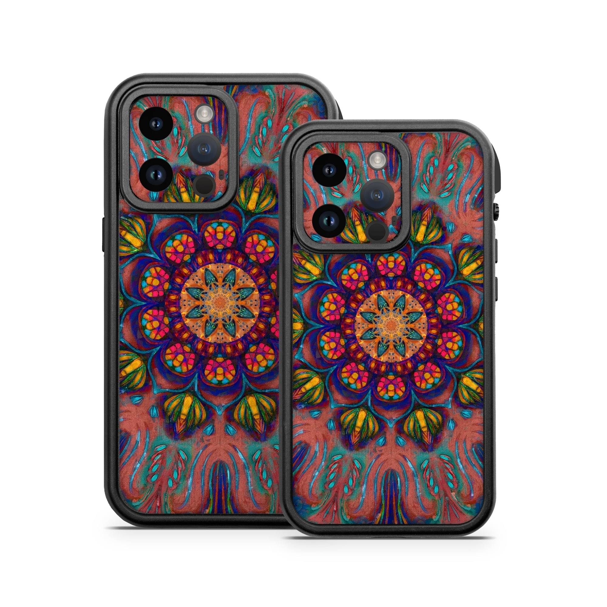OtterBox Fre iPhone 14 Series Case Skin design of Psychedelic art, Pattern, Art, Textile, Symmetry, Visual arts, Design, Fractal art, Kaleidoscope, Tapestry, with blue, yellow, red, green, pink, green colors