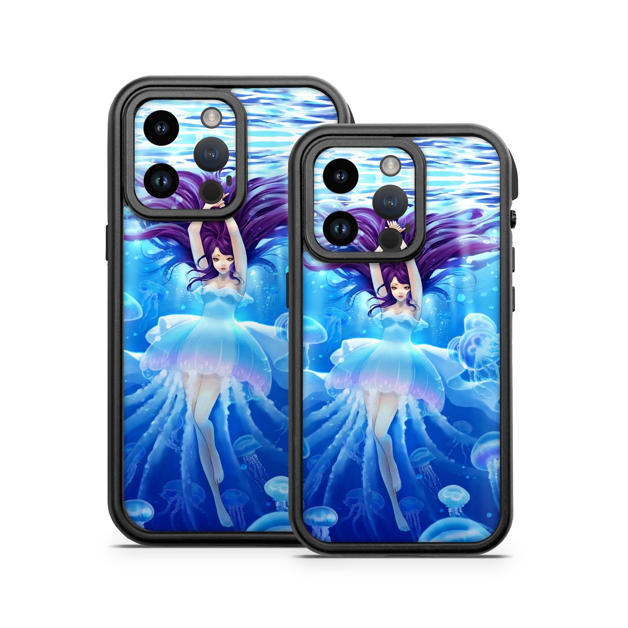 OtterBox Fre iPhone 14 Series Case Skin design of Jellyfish, Cnidaria, Organism, Marine biology, Marine invertebrates, Water, Bioluminescence, Illustration, Electric blue, Fictional character, with blue, purple, gray colors