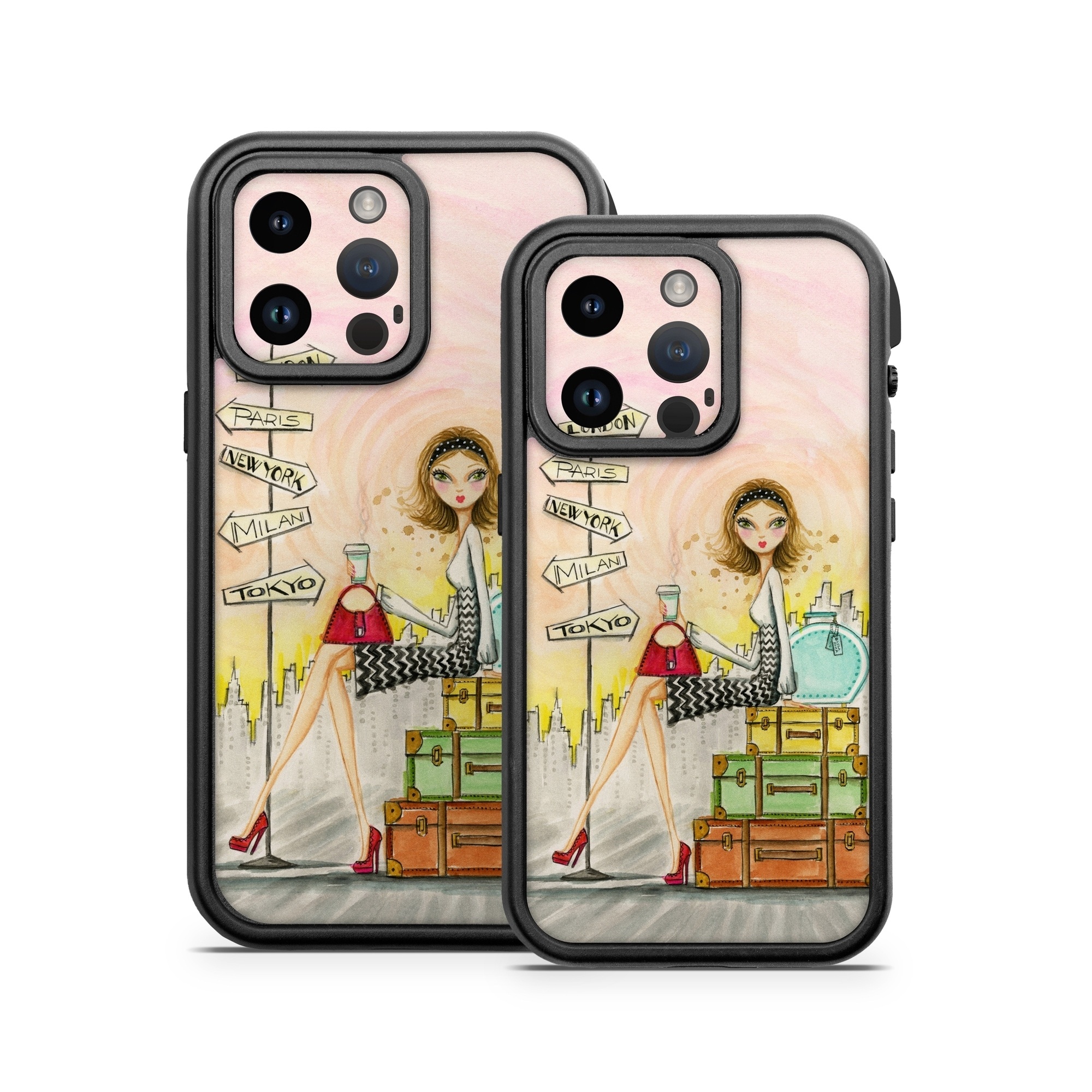 OtterBox Fre iPhone 14 Series Case Skin design of Cartoon, Illustration, Art, Watercolor paint, with gray, pink, green, red, black colors