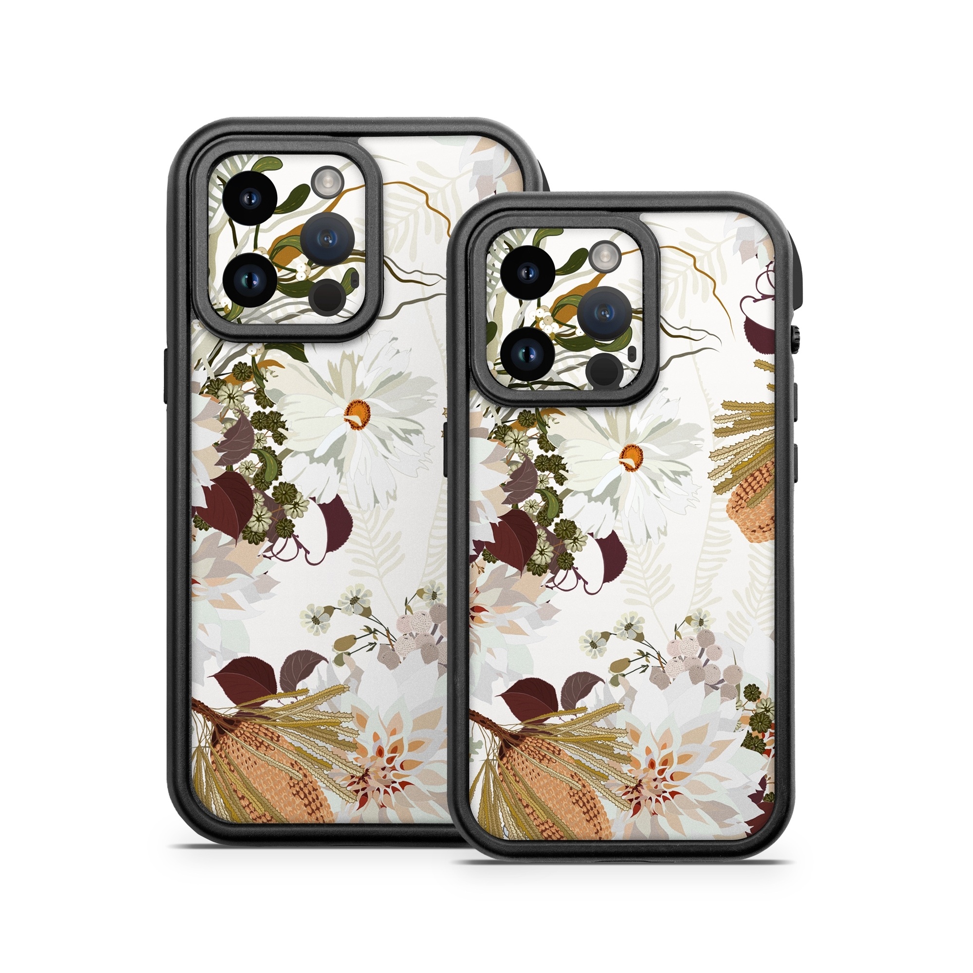 OtterBox Fre iPhone 14 Series Case Skin design of Flower, Botany, Plant, Floral design, Wildflower, Pattern, Wallpaper, Textile, Petal, Butterfly, with white, brown, green, gray colors