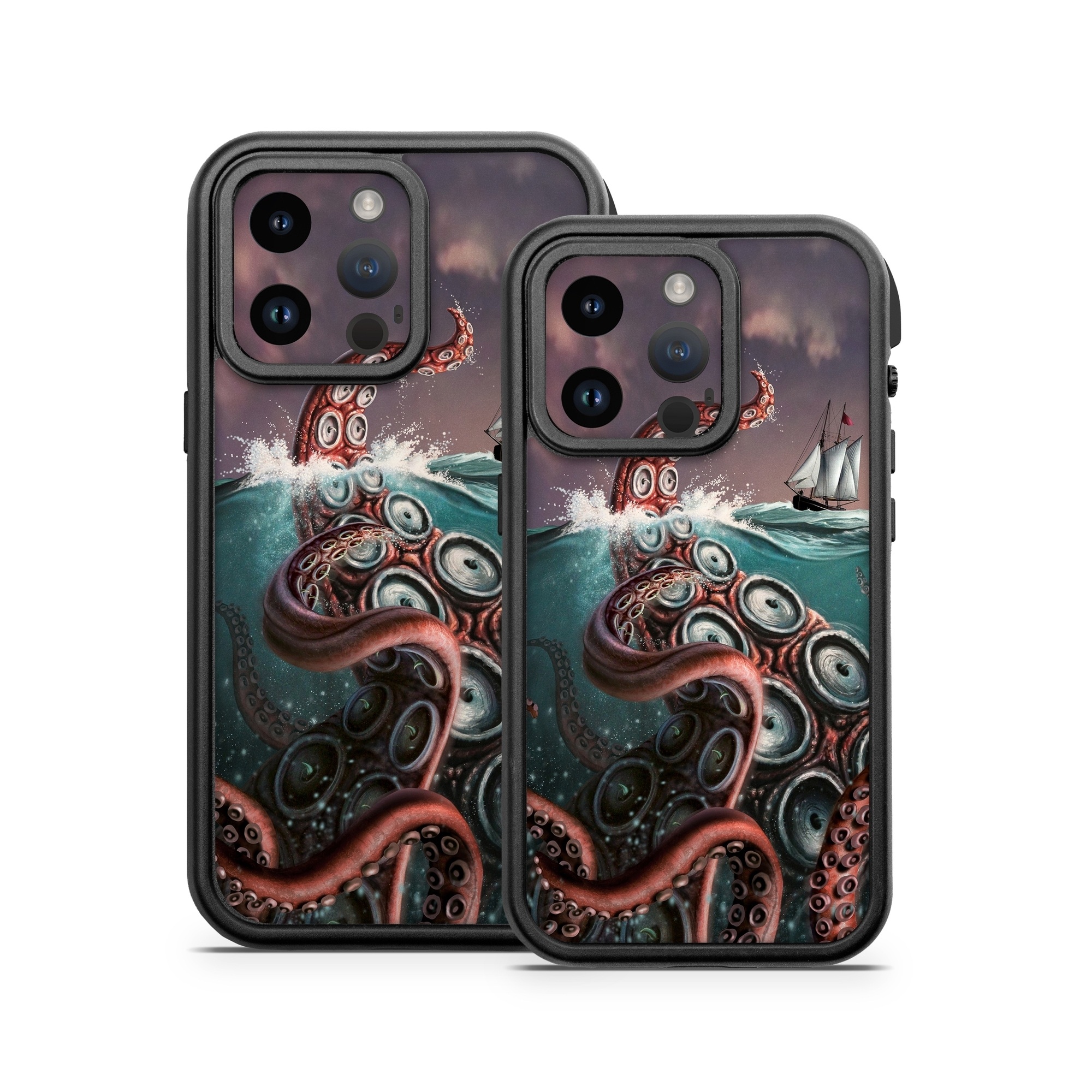 OtterBox Fre iPhone 14 Series Case Skin design of Octopus, Water, Illustration, Wind wave, Sky, Graphic design, Organism, Cephalopod, Cg artwork, giant pacific octopus, with blue, gray, white, brown, red colors