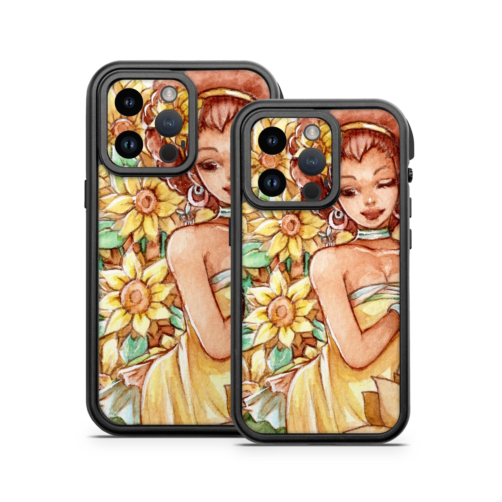 OtterBox Fre iPhone 14 Series Case Skin design of Painting, Illustration, Art, Fictional character, Plant, Flower, Clip art, with yellow, orange, brown, green colors