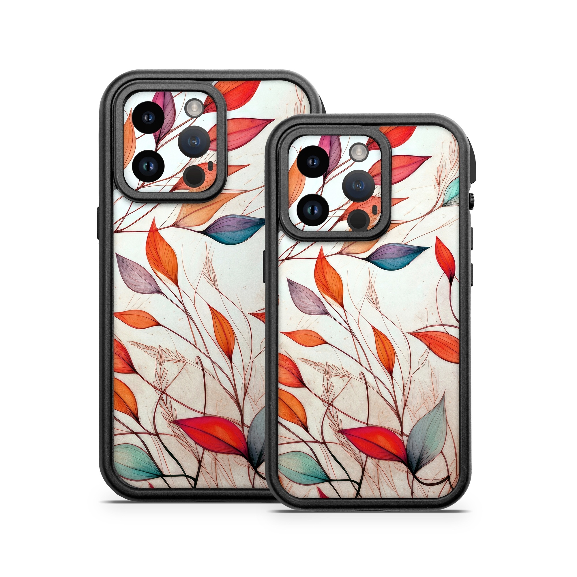 OtterBox Fre iPhone 14 Series Case Skin design of Plant, Vertebrate, Art paint, Nature, Botany, Leaf, Branch, Twig, Textile, Orange, with yellow, orange, red, white, brown, blue colors