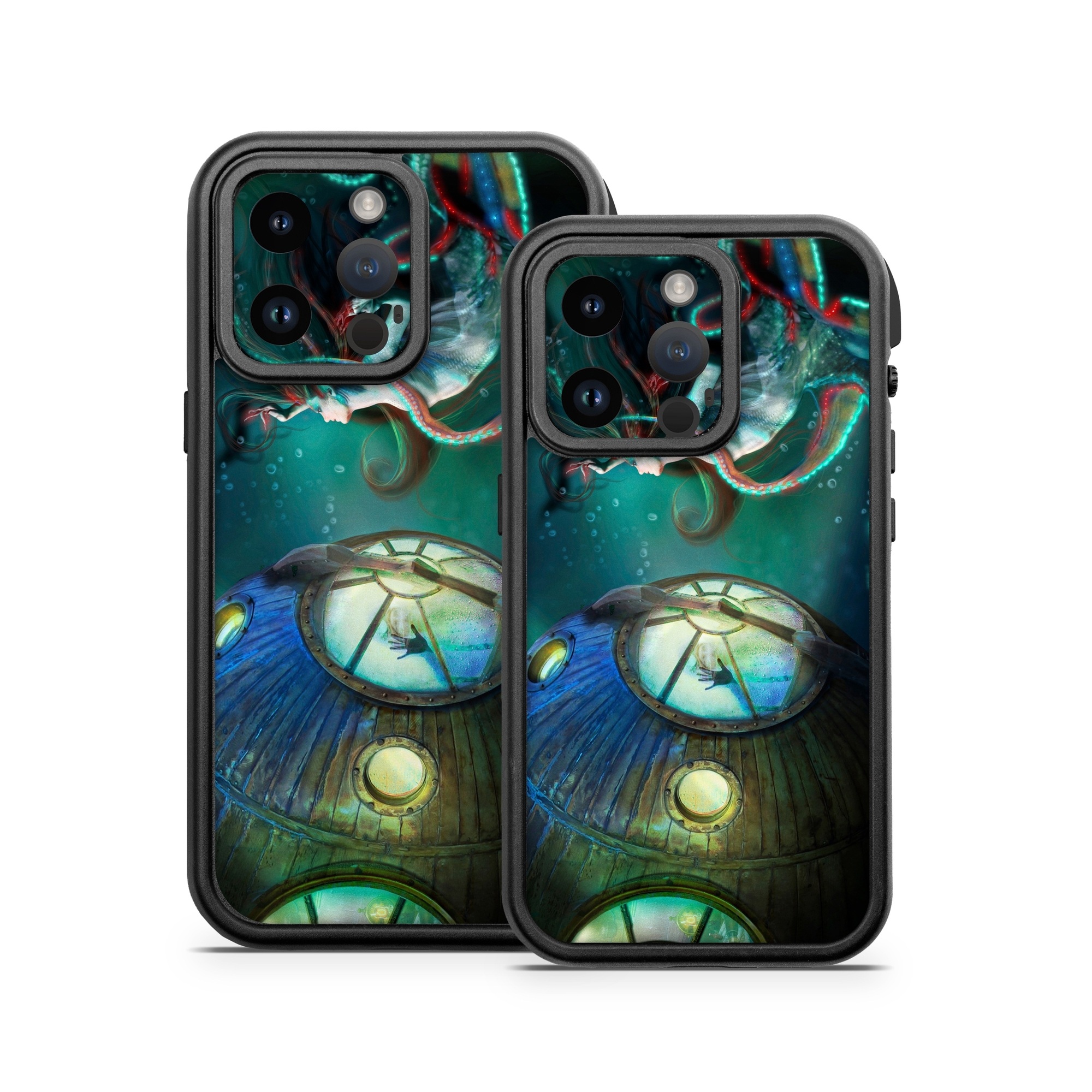 OtterBox Fre iPhone 14 Series Case Skin design of Cg artwork, Illustration, Art, Fictional character, Fiction, Space, Fractal art, Graphic design, Mythology, Graphics, with black, gray, blue, green colors