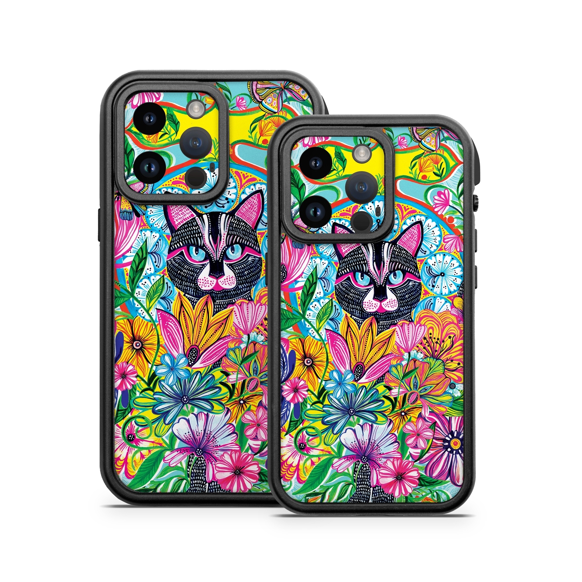 OtterBox Fre iPhone 14 Series Case Skin design of Visual arts, Art, Plant, Illustration, Pattern, Floral design, Flower, Wildflower, with white, blue, pink, black, green, yellow colors