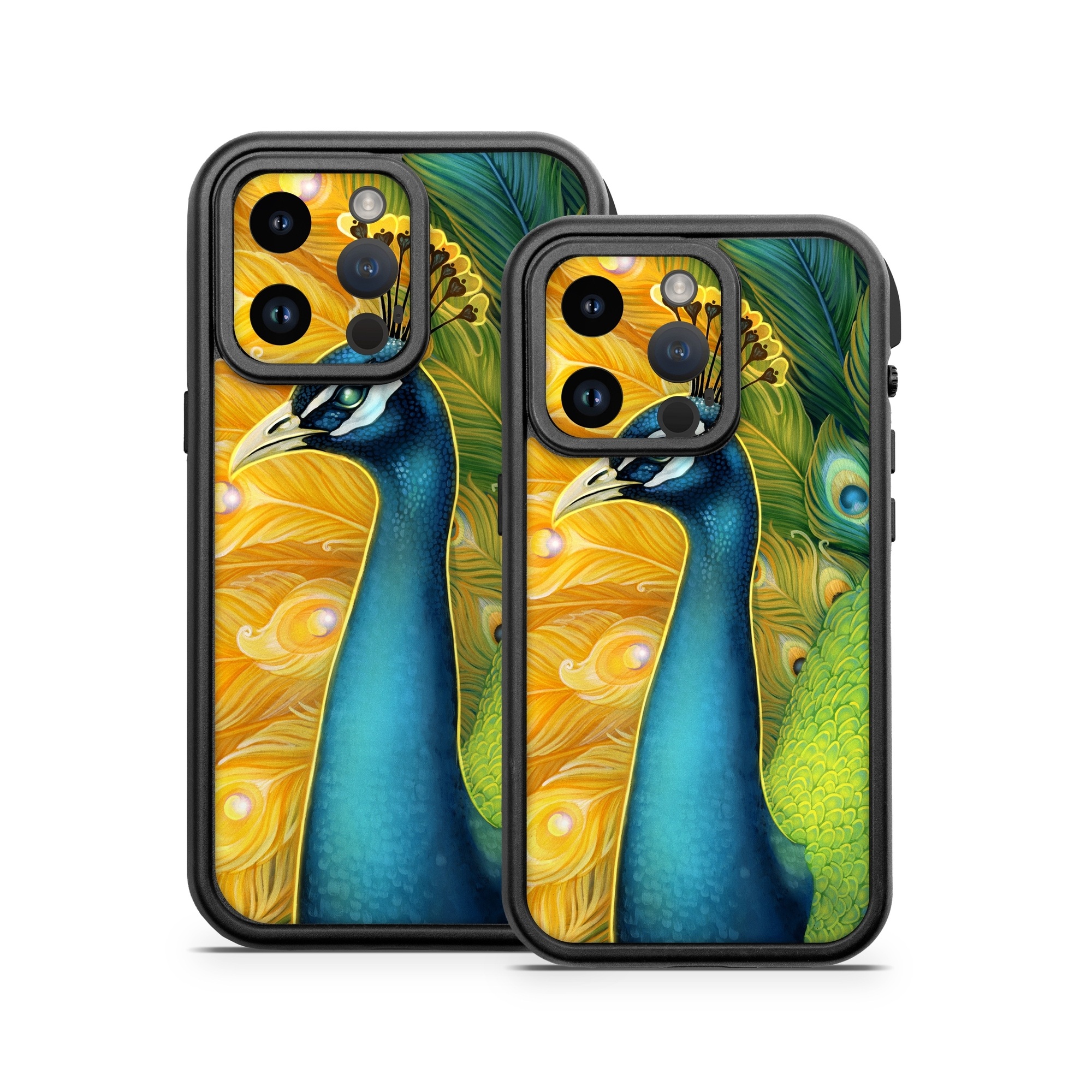 OtterBox Fre iPhone 14 Series Case Skin design of Bird, Peafowl, Phasianidae, Beak, Organism, Art paint, Galliformes, Art, Feather, Painting, with yellow, orange, green, blue, white, black colors