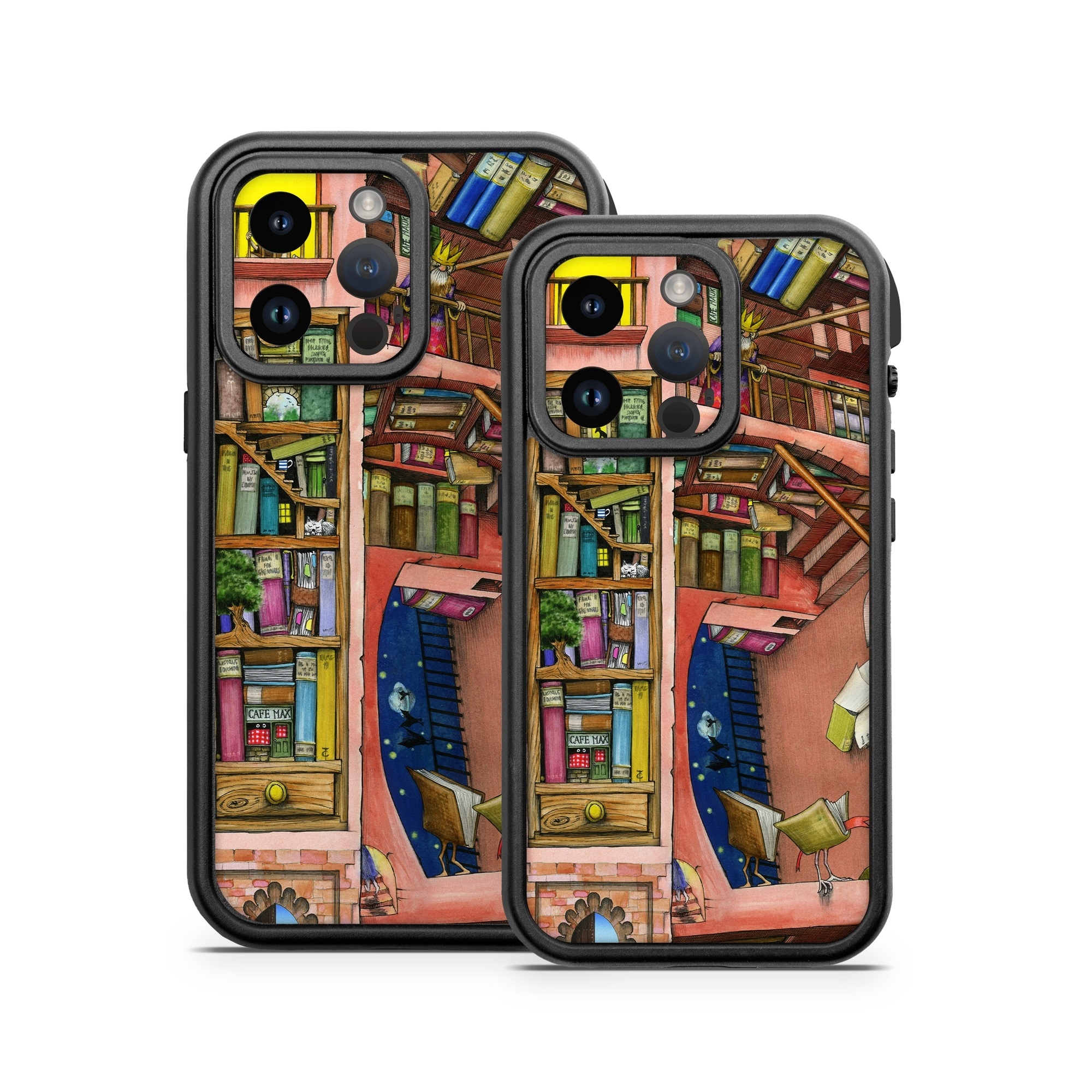 OtterBox Fre iPhone 14 Series Case Skin design of Cartoon, Building, Art, Architecture, Design, Fun, Retail, Illustration, Neighbourhood, Room, with pink, yellow, blue, red, orange, brown colors