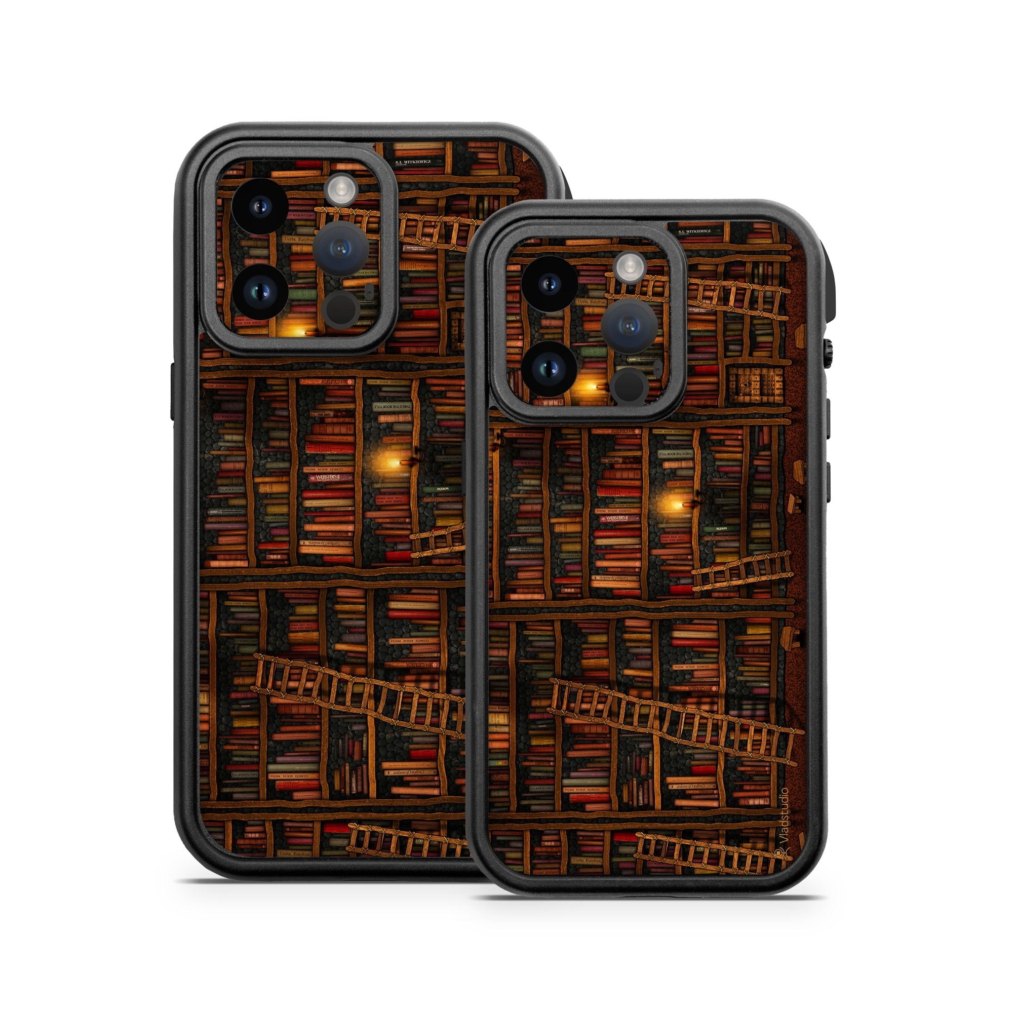 OtterBox Fre iPhone 14 Series Case Skin design of Shelving, Library, Bookcase, Shelf, Furniture, Book, Building, Publication, Room, Darkness, with black, red colors
