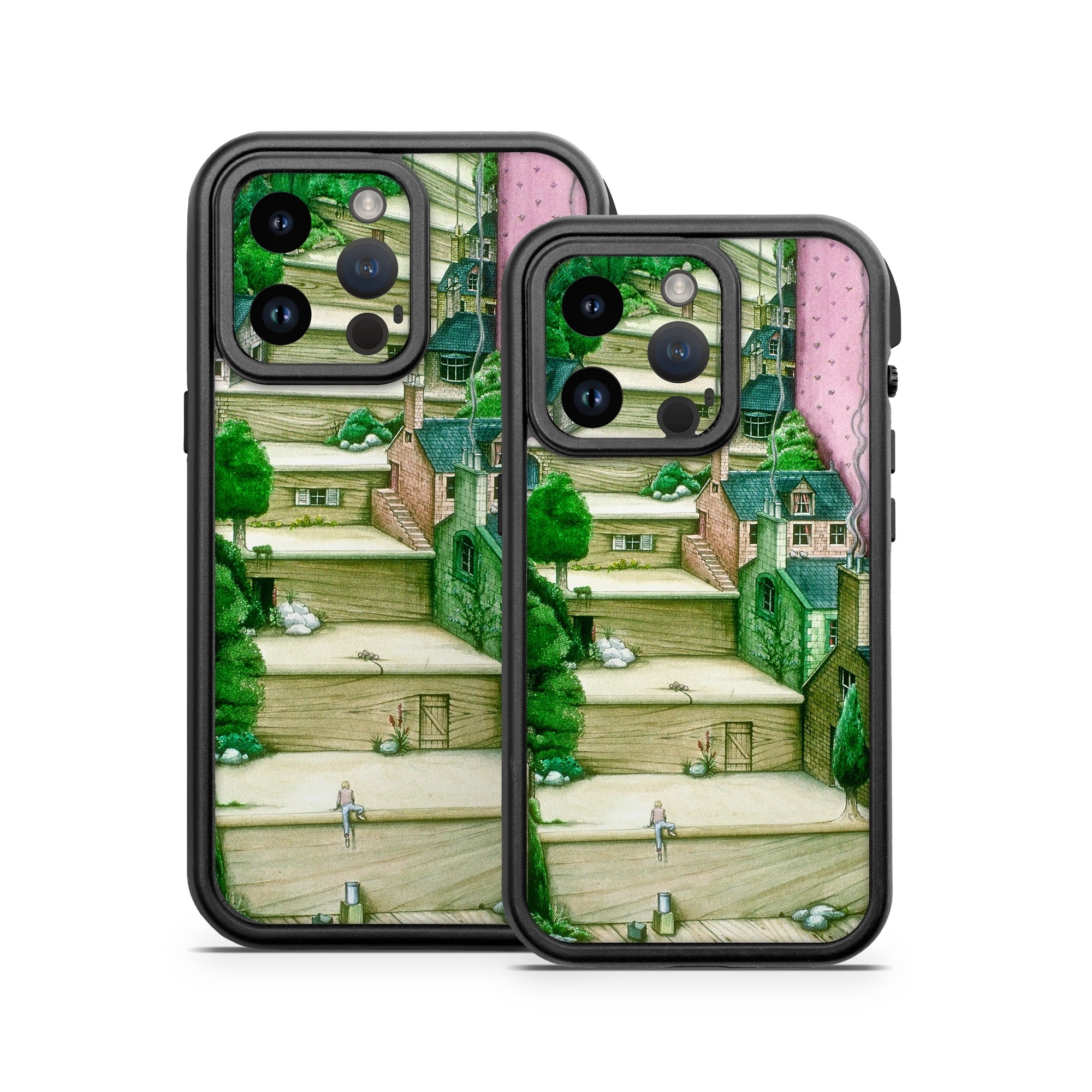 OtterBox Fre iPhone 14 Series Case Skin design of Green, Stairs, House, Watercolor paint, Home, Illustration, Building, Wood, Plant, Sketch, with pink, green, brown colors