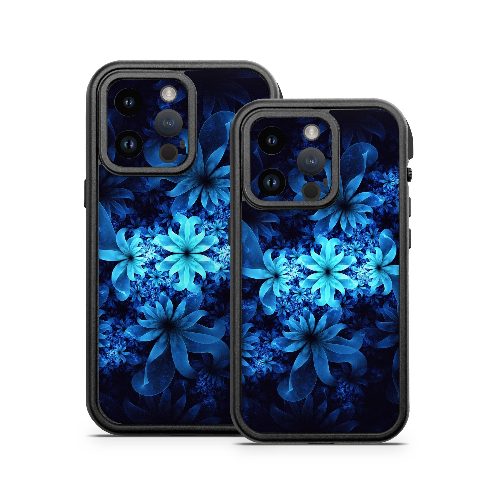 OtterBox Fre iPhone 14 Series Case Skin design of Nature, Blue, Petal, Organism, Darkness, Flower, Colorfulness, Electric Blue, Majorelle Blue, Pattern, Botany, Still Life Photography, Space, Aquatic Plant, Fractal Art, Visual Arts, Illustration, Symmetry, Midnight, Wildflower, Painting, Still Life, with black, blue, white colors