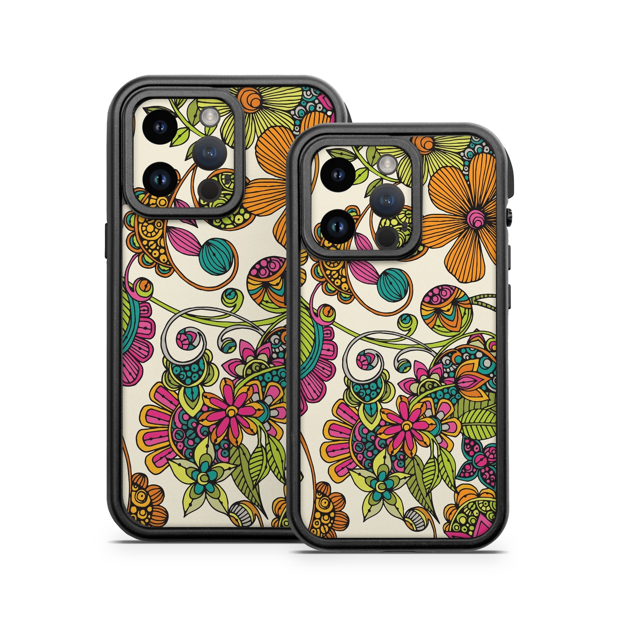 OtterBox Fre iPhone 14 Series Case Skin design of Pattern, Floral design, Motif, Design, Visual arts, Botany, Pedicel, Flower, Plant, Textile, with green, pink, orange, blue colors