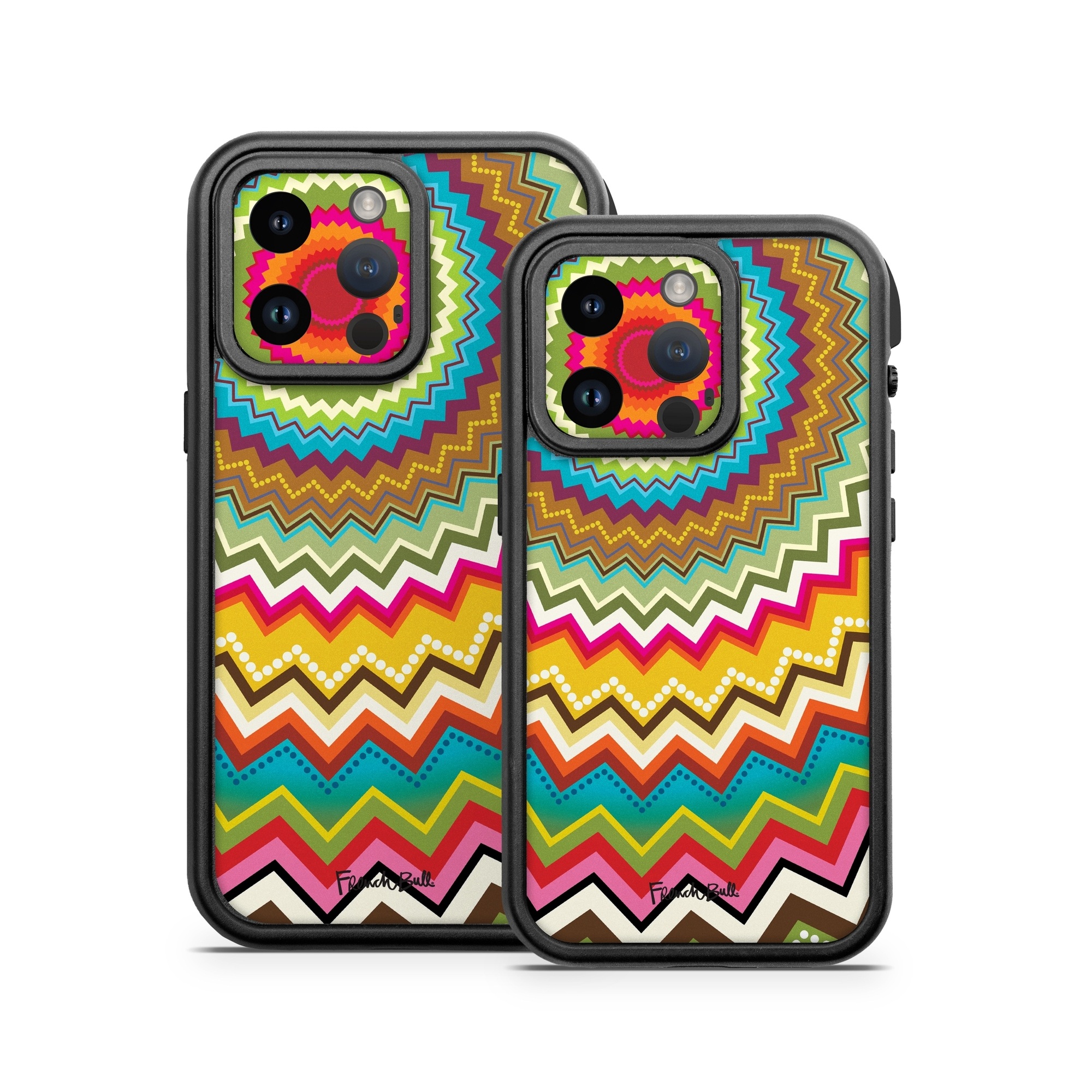 OtterBox Fre iPhone 14 Series Case Skin design of Colorfulness, Textile, Art, Creative arts, Triangle, Rectangle, Symmetry, Circle, Pattern, Tints and shades, with red, orange, yellow, pink, green, white, black, blue, brown colors