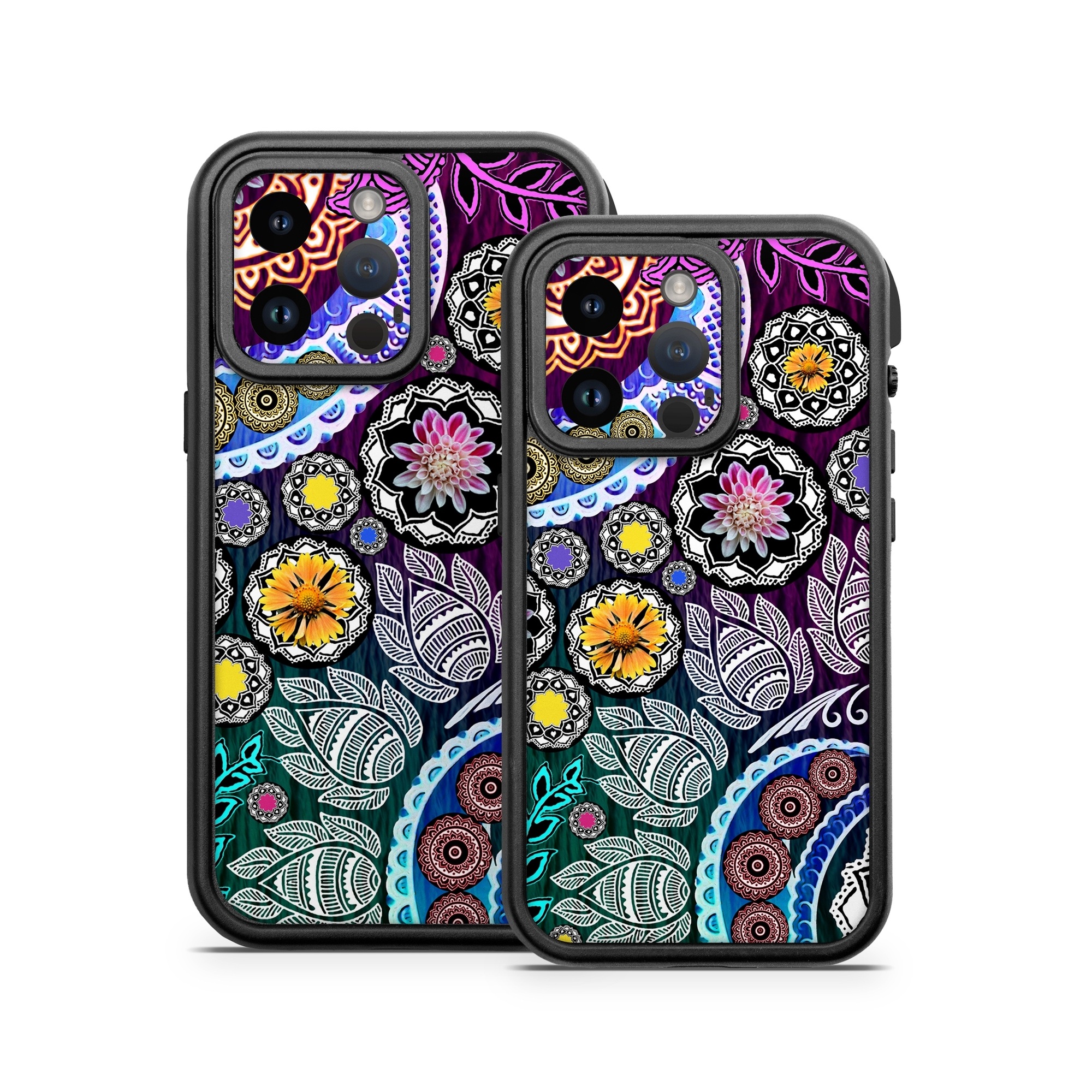 OtterBox Fre iPhone 14 Series Case Skin design of Pattern, Psychedelic art, Art, Visual arts, Design, Floral design, Textile, Motif, Circle, Illustration, with black, gray, purple, blue, green, red colors