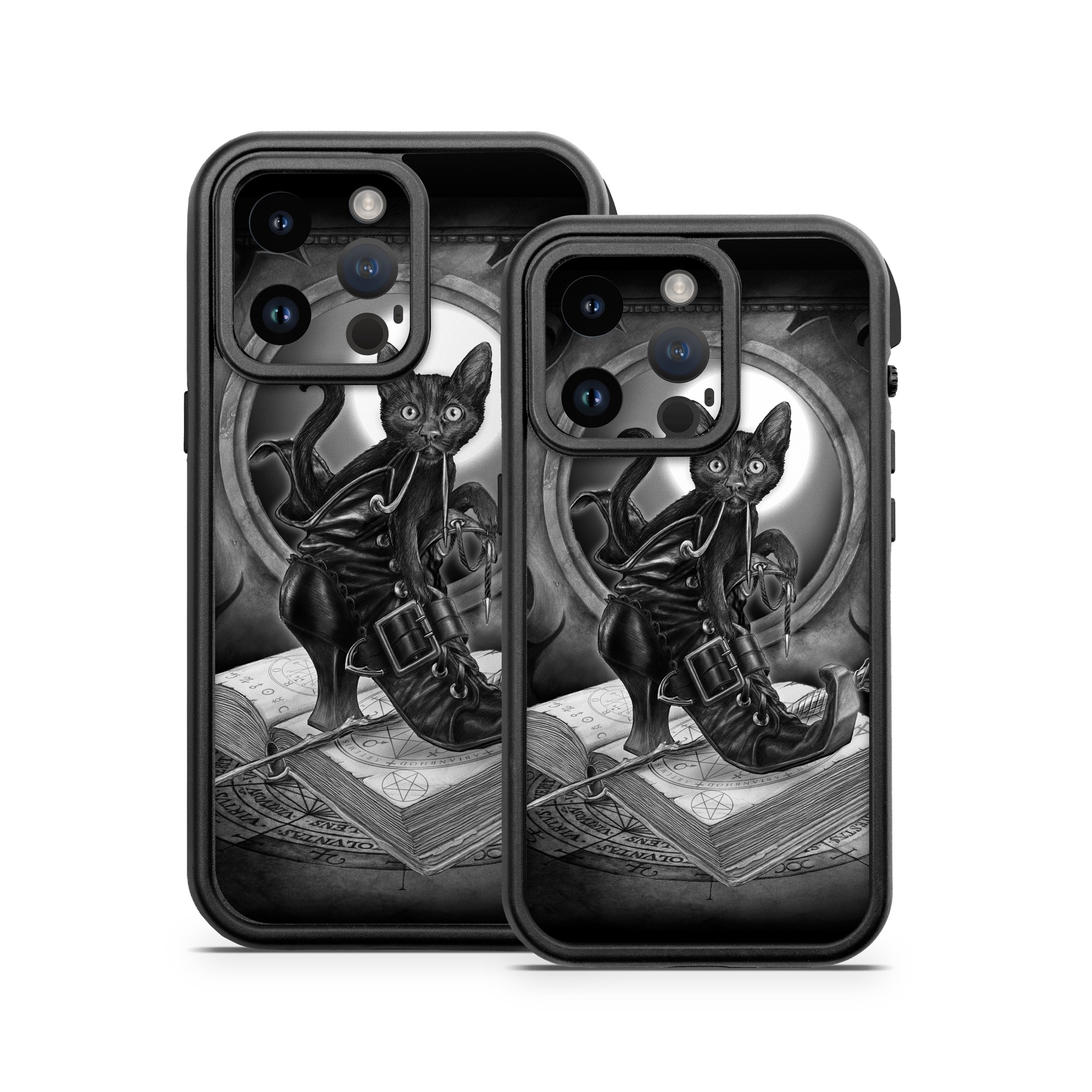 OtterBox Fre iPhone 14 Series Case Skin design of Cat, Boot, Book, Wand, Shoelace, Mirror, with black, white, gray colors