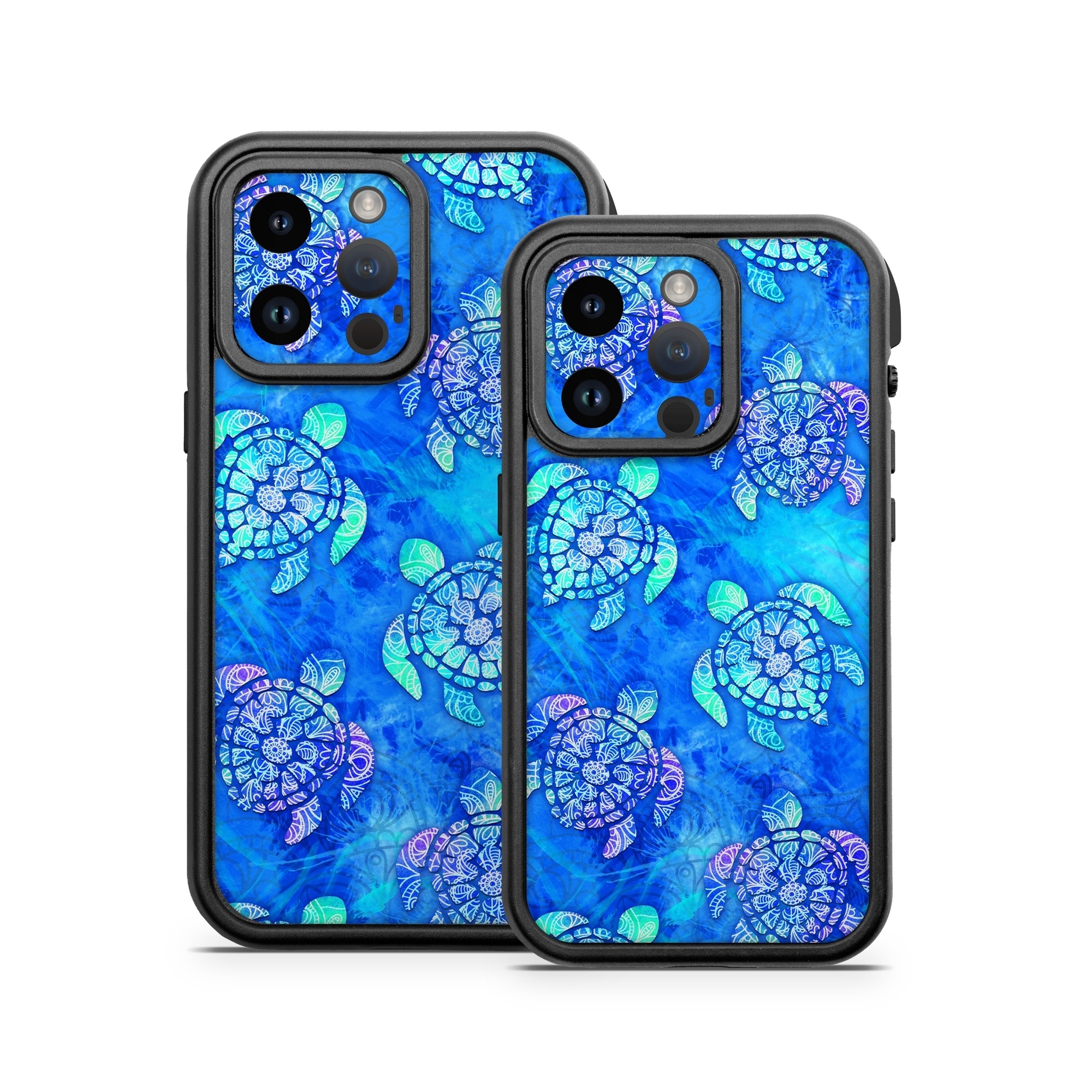 OtterBox Fre iPhone 14 Series Case Skin design of Blue, Pattern, Organism, Design, Sea turtle, Plant, Electric blue, Hydrangea, Flower, Symmetry, with blue, green, purple colors