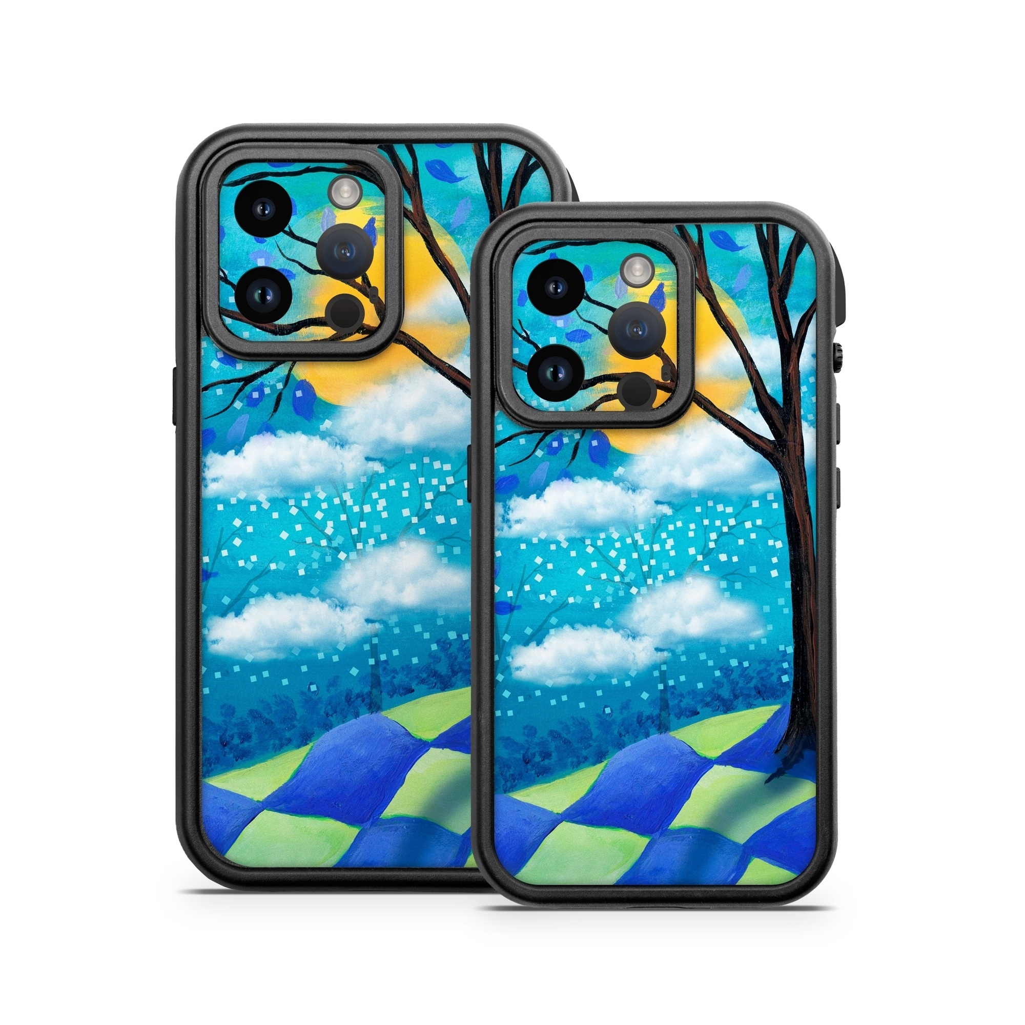 OtterBox Fre iPhone 14 Series Case Skin design of Natural landscape, Nature, Blue, Tree, Sky, Branch, Spring, Woody plant, Plant, Leaf, with blue, gray, black, purple, green colors