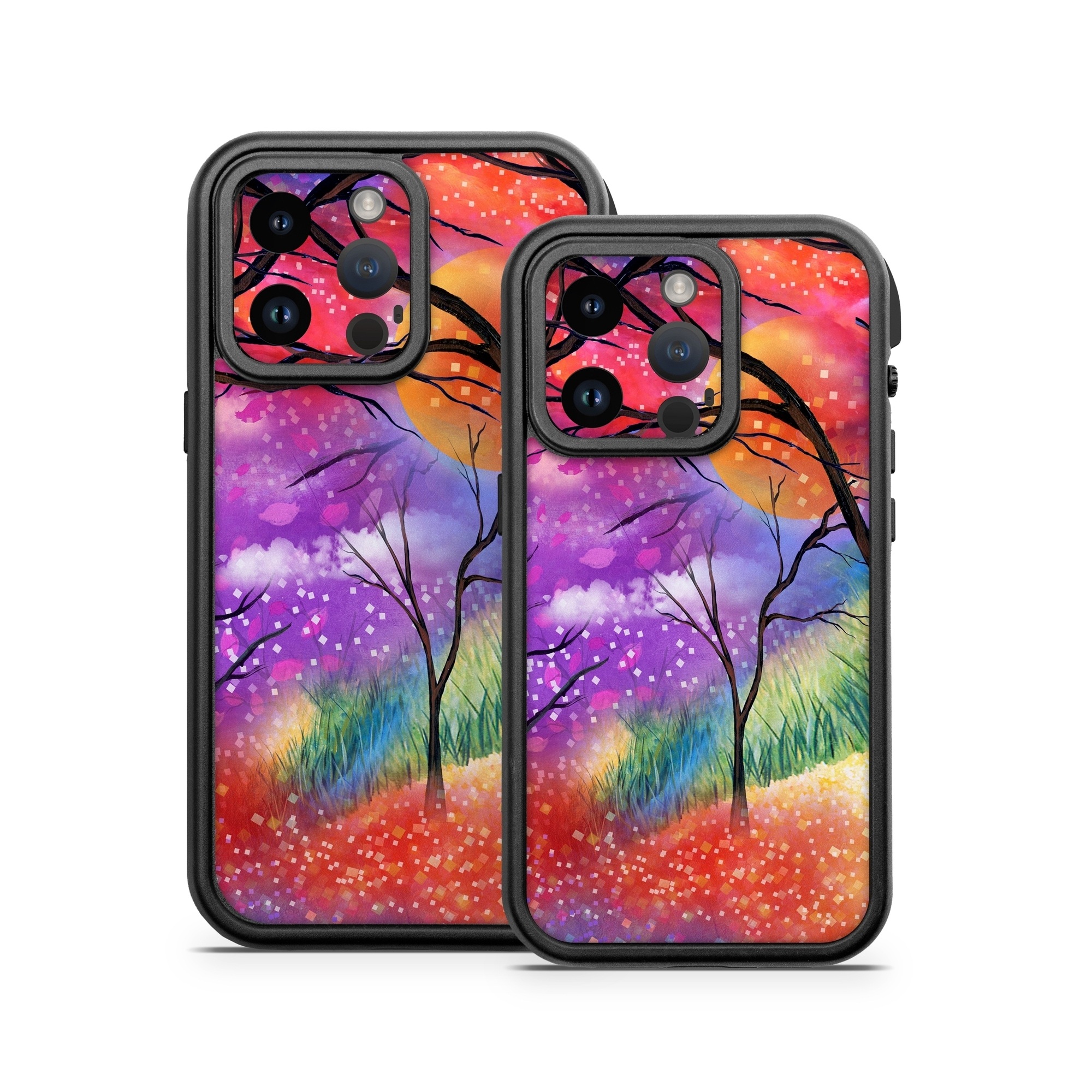 OtterBox Fre iPhone 14 Series Case Skin design of Nature, Tree, Natural landscape, Painting, Watercolor paint, Branch, Acrylic paint, Purple, Modern art, Leaf, with red, purple, black, gray, green, blue colors