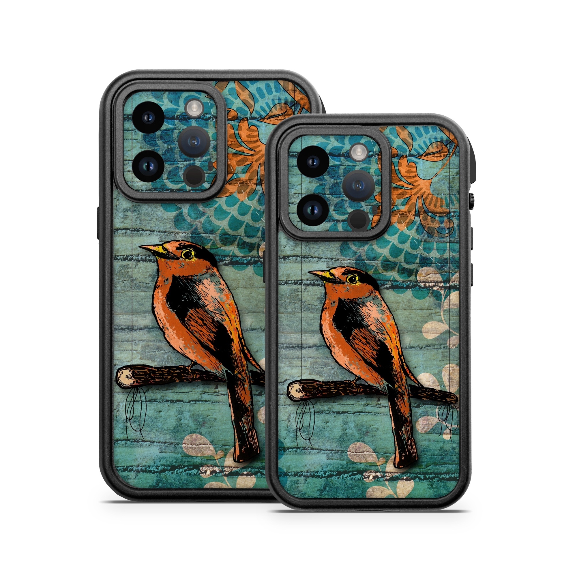 OtterBox Fre iPhone 14 Series Case Skin design of Bird, Turquoise, Painting, Art, Coraciiformes, Branch, Beak, Wildlife, Perching bird, Illustration, with black, blue, gray, green, red colors