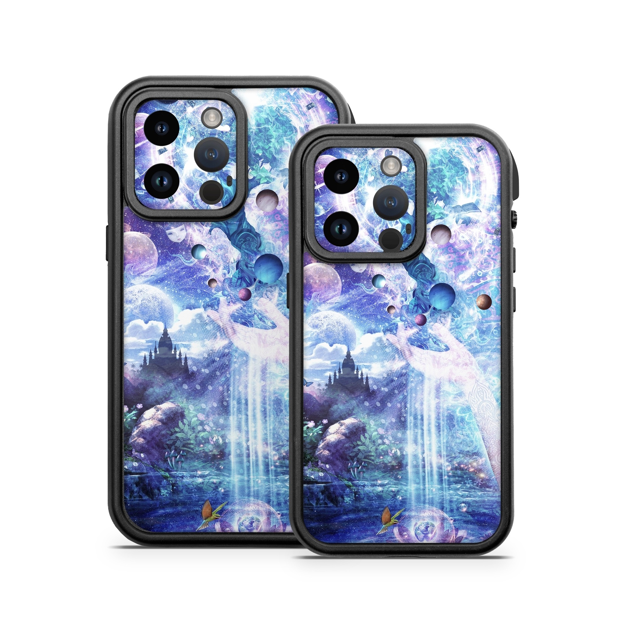 OtterBox Fre iPhone 14 Series Case Skin design of Bird, Butterfly, Planets, Deer, Space, Purple, World, Astronomical Object, Cg Artwork, Illustration, Universe, Painting, Fictional Character, Outer Space, Astronomy, Science, Water Feature, Graphic Design, Graphics, Star, Mythology, with blue, purple, white, black, gray, green colors