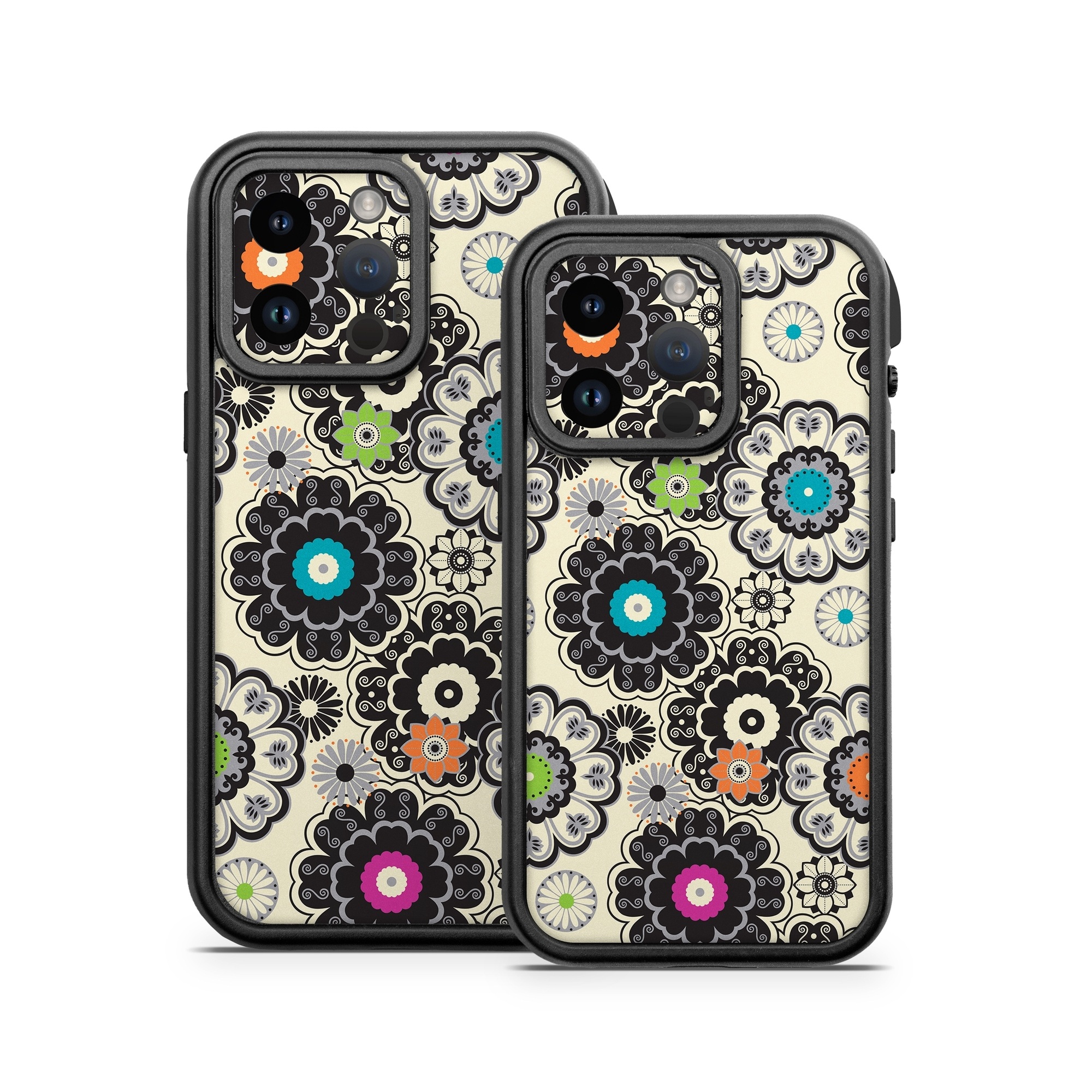 OtterBox Fre iPhone 14 Series Case Skin design of Pattern, Circle, Design, Visual arts, Floral design, Textile, Psychedelic art, Art, Plant, with gray, black, pink, green, purple colors
