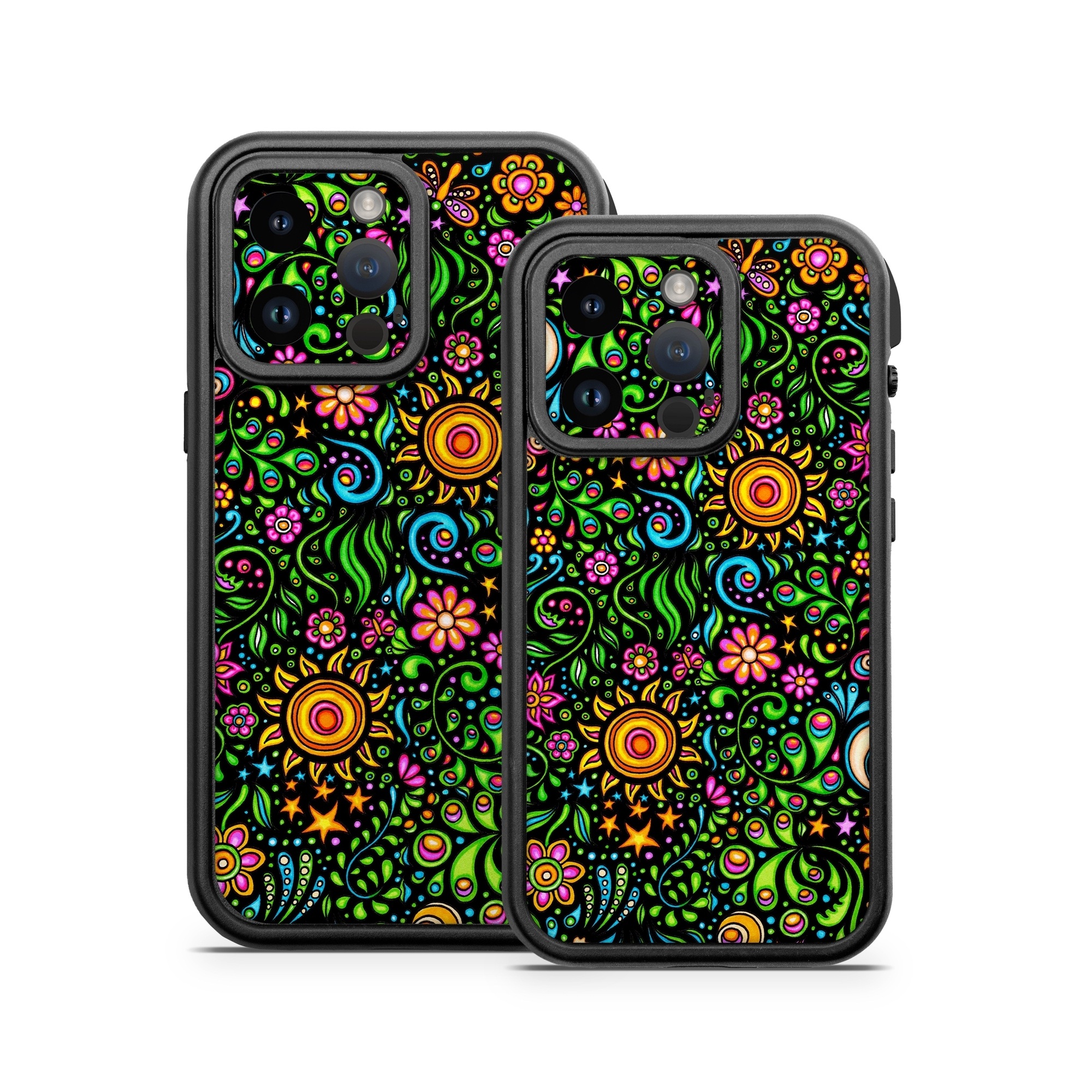 OtterBox Fre iPhone 14 Series Case Skin design of Pattern, Psychedelic art, Visual arts, Art, Design, Motif, Organism, Circle, Textile, Plant, with black, red, green, blue, purple colors