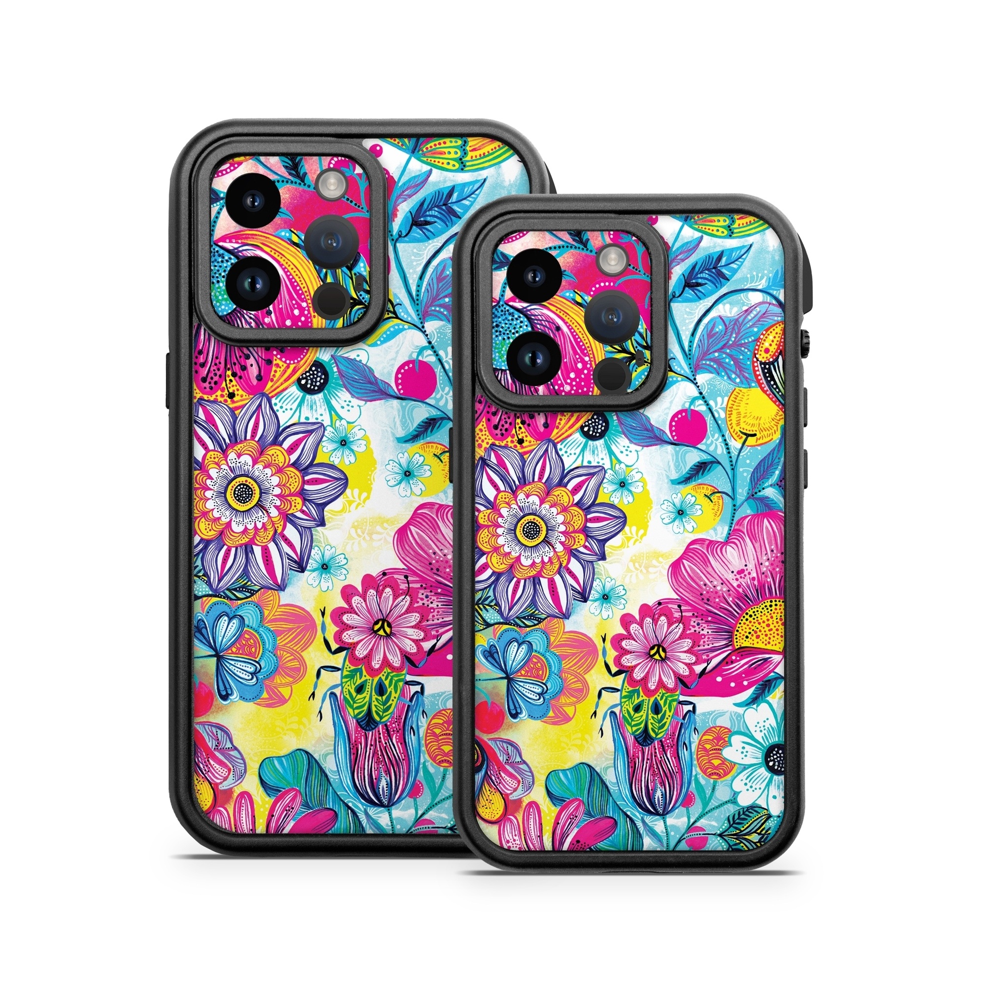 OtterBox Fre iPhone 14 Series Case Skin design of Pattern, Floral design, Textile, Design, Flower, Wildflower, Visual arts, Plant, Wrapping paper, with blue, pink, purple, green, yellow, orange, white colors