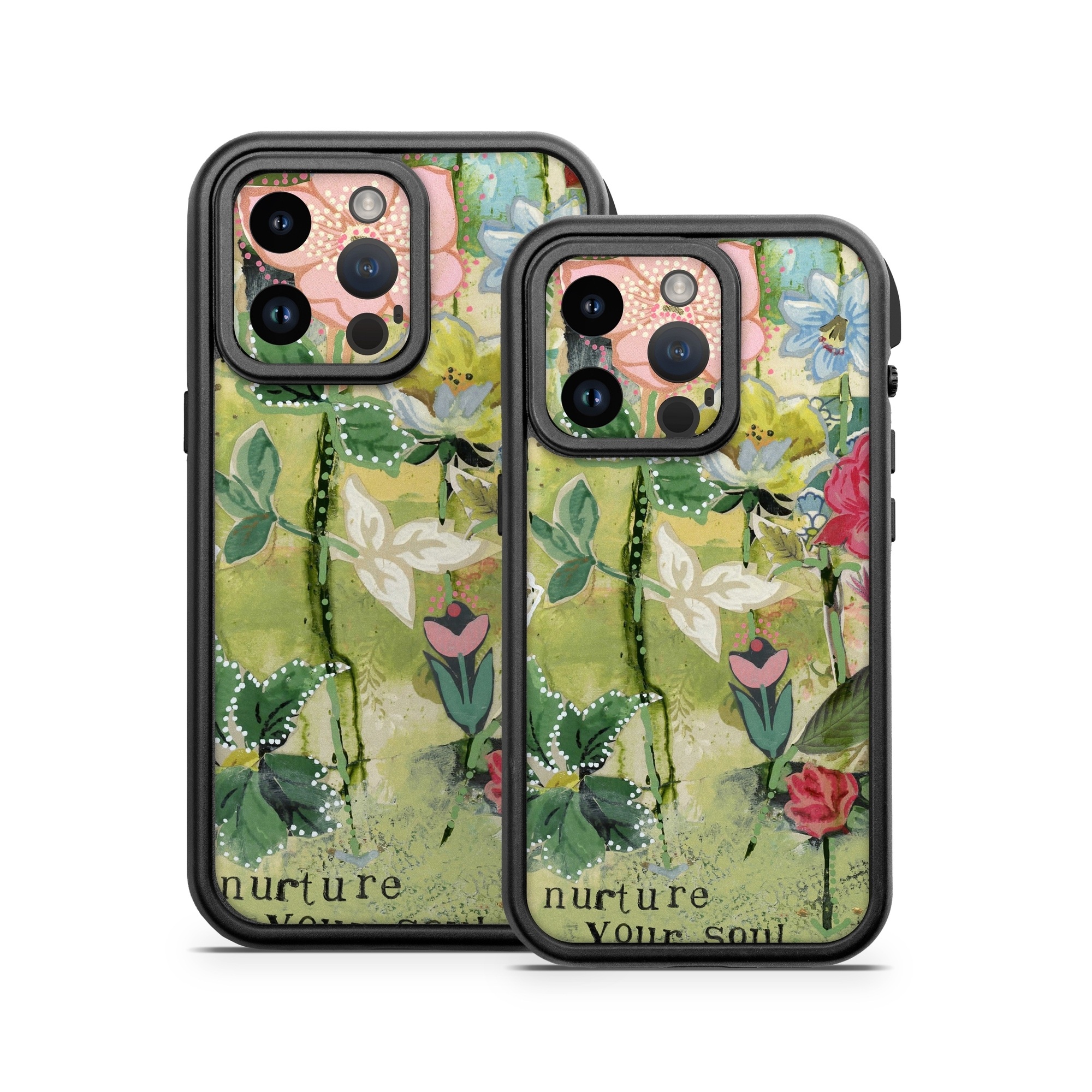 OtterBox Fre iPhone 14 Series Case Skin design of Flower, Plant, Botany, Pink, Wildflower, Flowering plant, Watercolor paint, Petal, Floral design, Pattern, with green, pink, red, blue, white, black colors