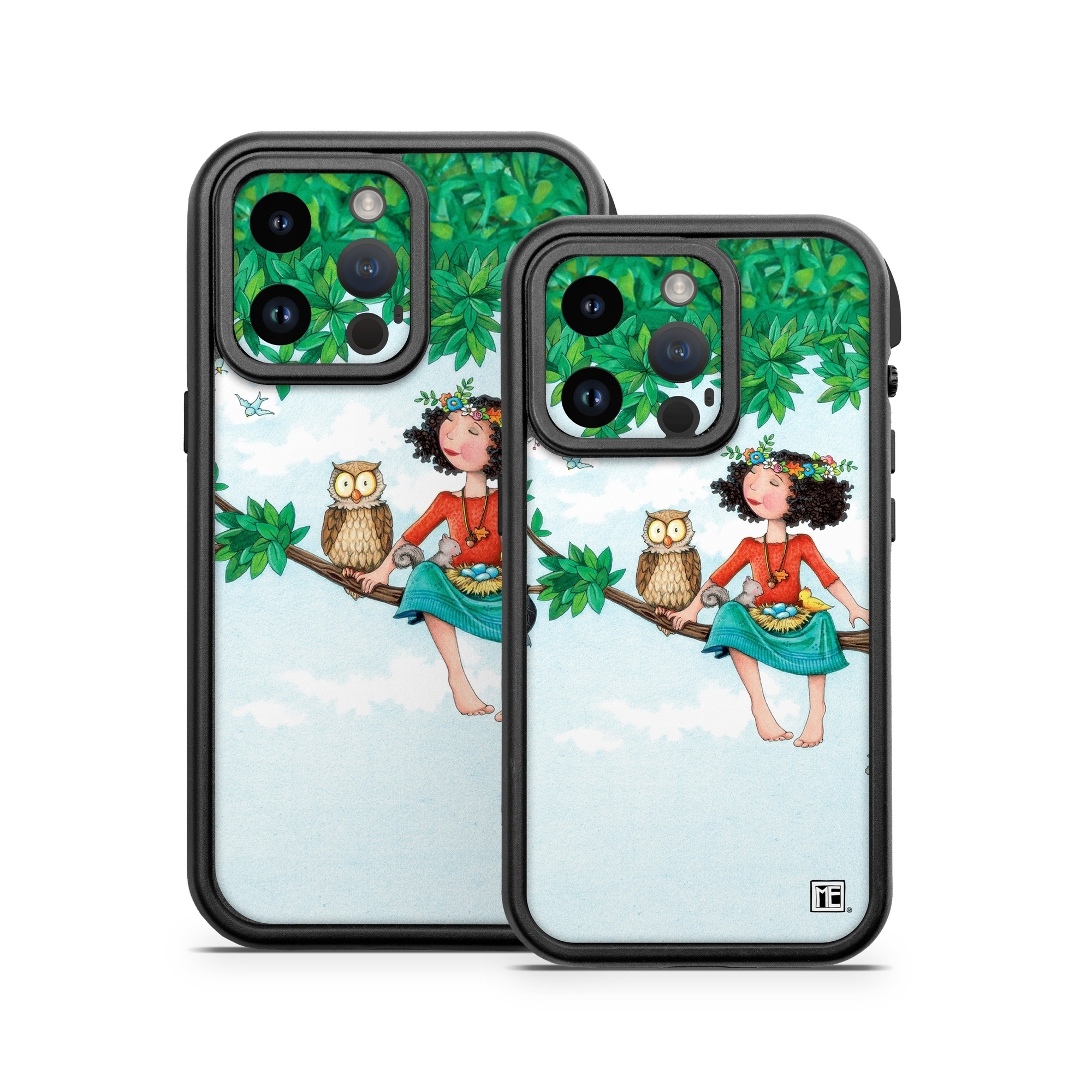 OtterBox Fre iPhone 14 Series Case Skin design of Cartoon, Illustration, Branch, Bird, Owl, Tree, Art, Plant, Clip art, Fictional character, with blue, gray, red, black, white, green colors