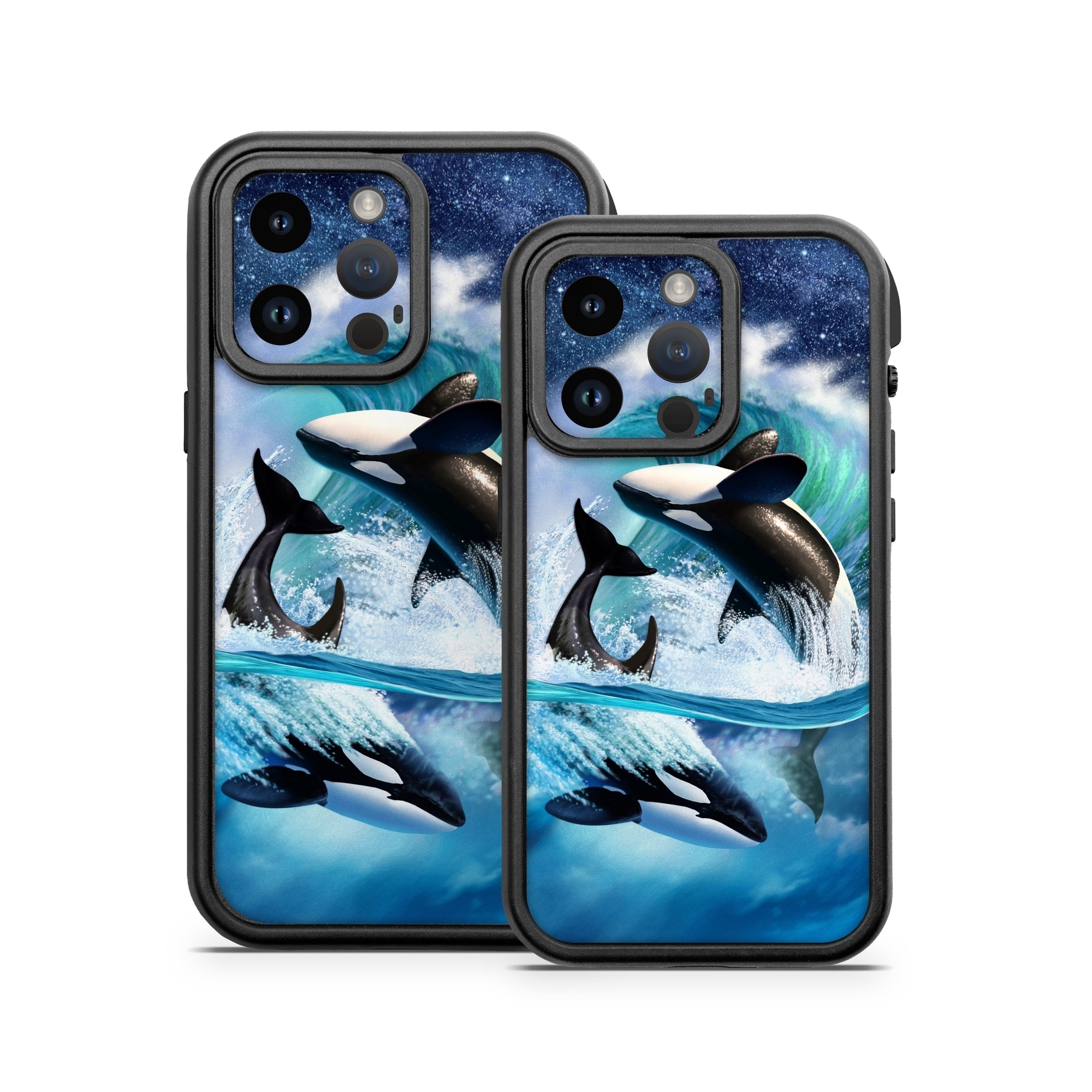 OtterBox Fre iPhone 14 Series Case Skin design of Dolphin, Short-beaked common dolphin, Sky, Cetacea, Killer whale, Marine mammal, Water, Illustration, Bottlenose dolphin, Common bottlenose dolphin, with black, blue, white, green colors